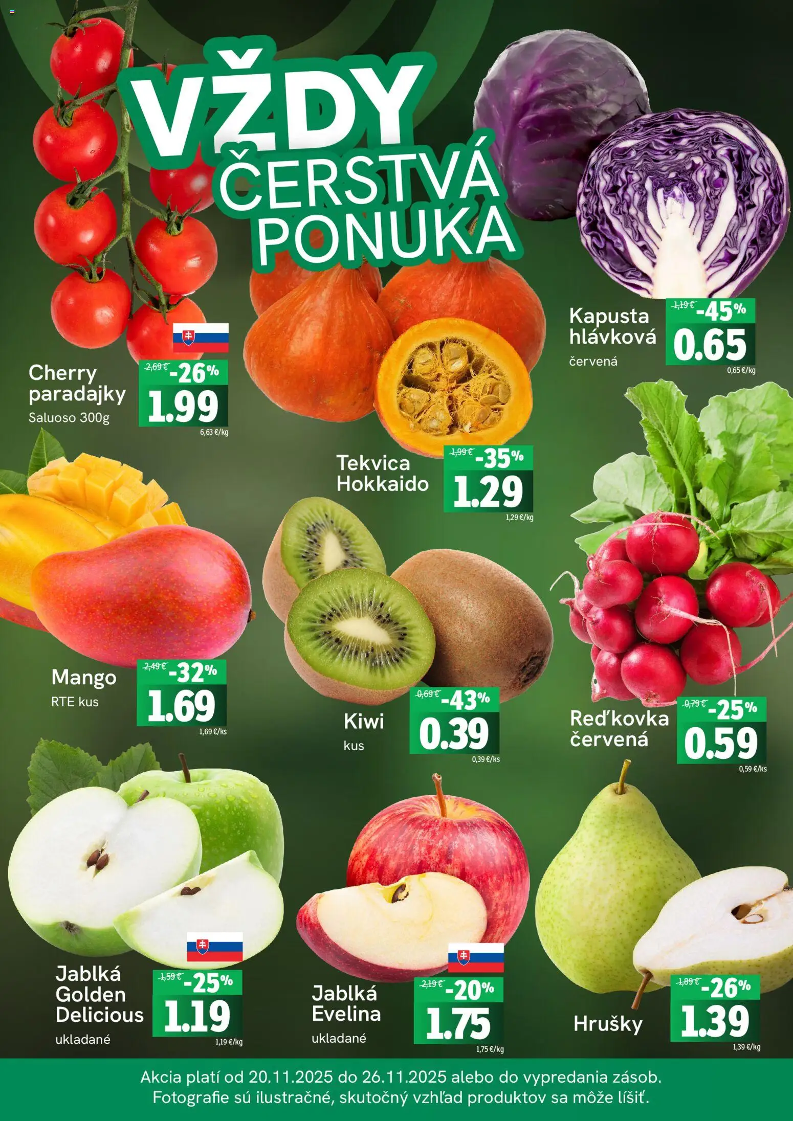 Nové Fresh akcie – leták je platný od 20.11.2025 | Strana: 3 | Produkty: Jablká, Paradajky, Mango, Hrušky