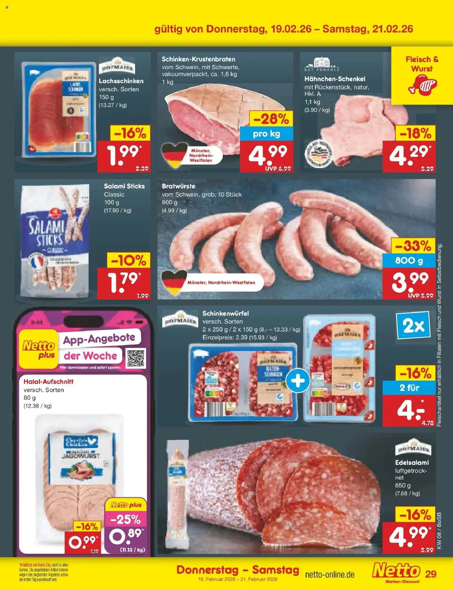 Netto Marken-Discount prospekt Stadtlohn	 – gültig ab 16.02.2026 | Seite: 43 | Produkte: Hahnchenschenkel, Wurst, Salami, Fleisch