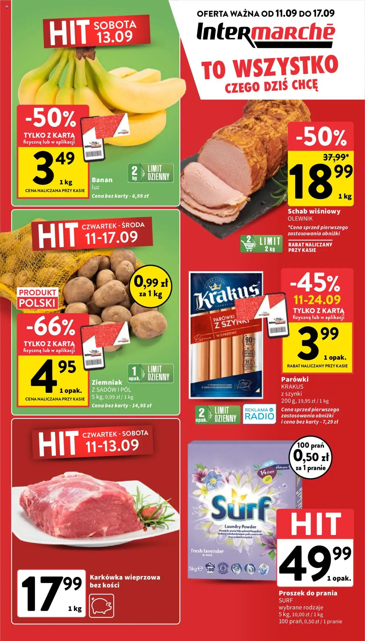 Intermarche Gazetka od 11.09.2025 | Strona: 1 | Produkty: Karta, Karkówka wieprzowa, Banan, Proszek do prania