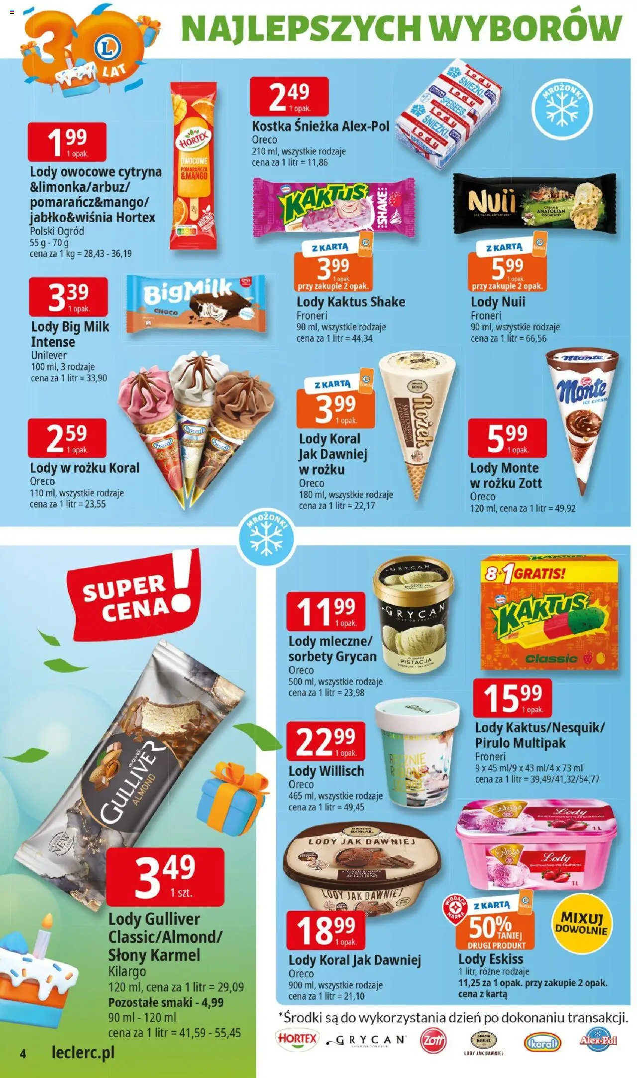 E.Leclerc Gazetka - Elbląg 30 lat od 27.05.2025 | Strona: 4 | Produkty: Cytryna, Big Milk, Lody koral, Lody