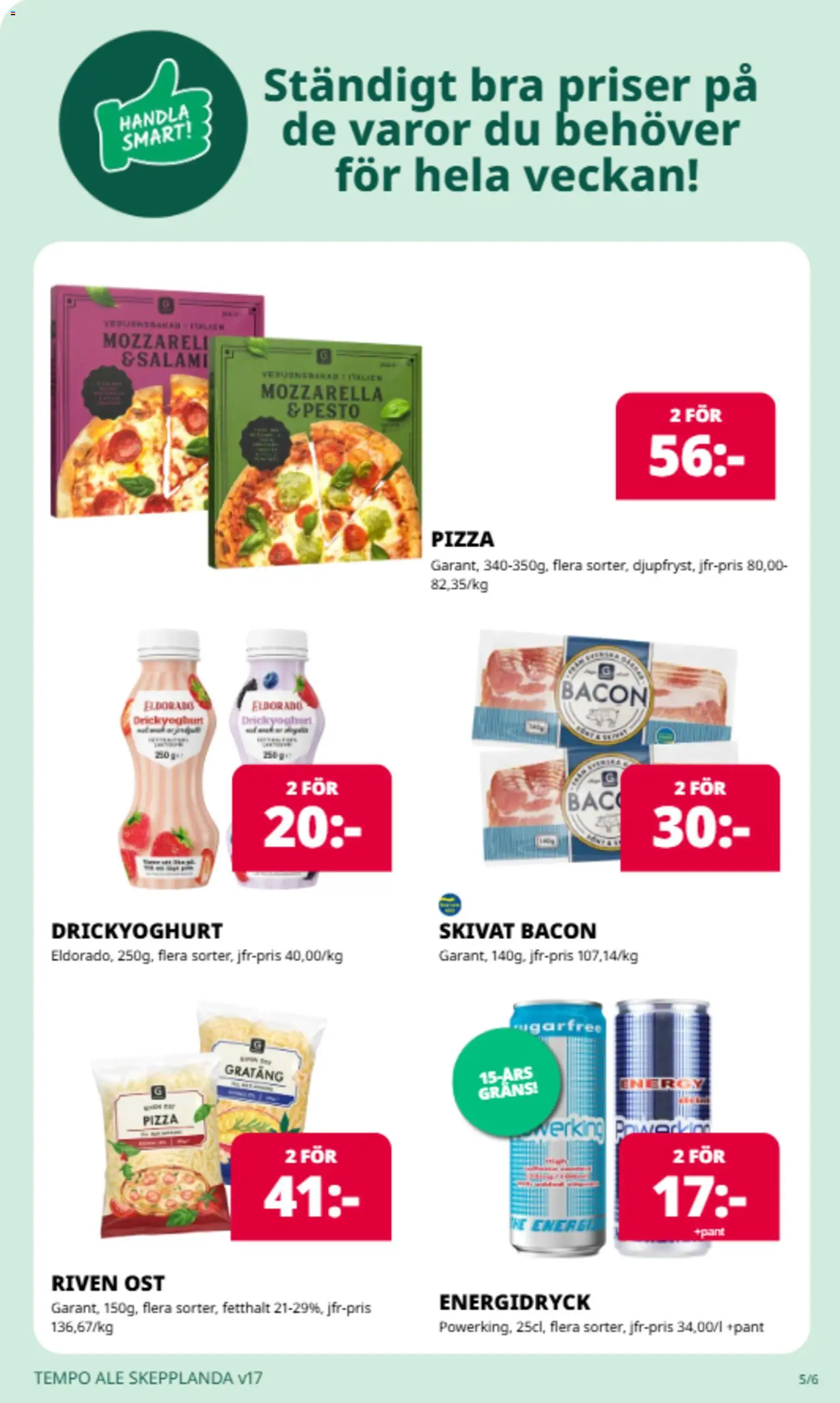 Tempo reklamblad aktuell från 20.04.2026 | Sida: 3 | Produkter: Bacon, Riven ost, Salami, Energidryck