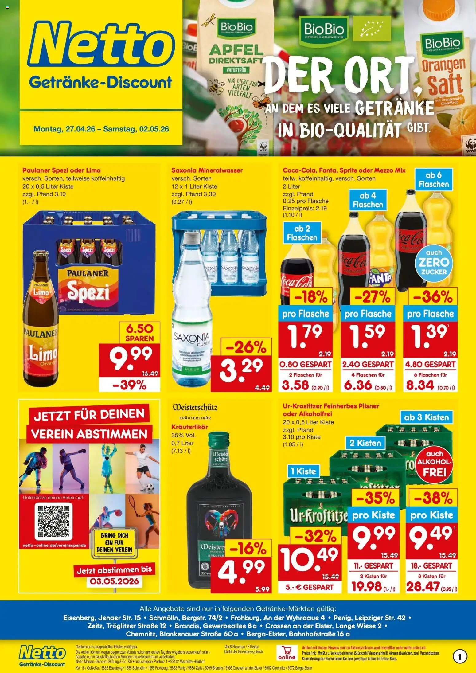 Netto Marken-Discount Prospekt Penig	 – gültig ab 27.04.2026 | Seite: 1 | Produkte: Äpfel, Orangensaft, Zucker, Oder mezzo mix