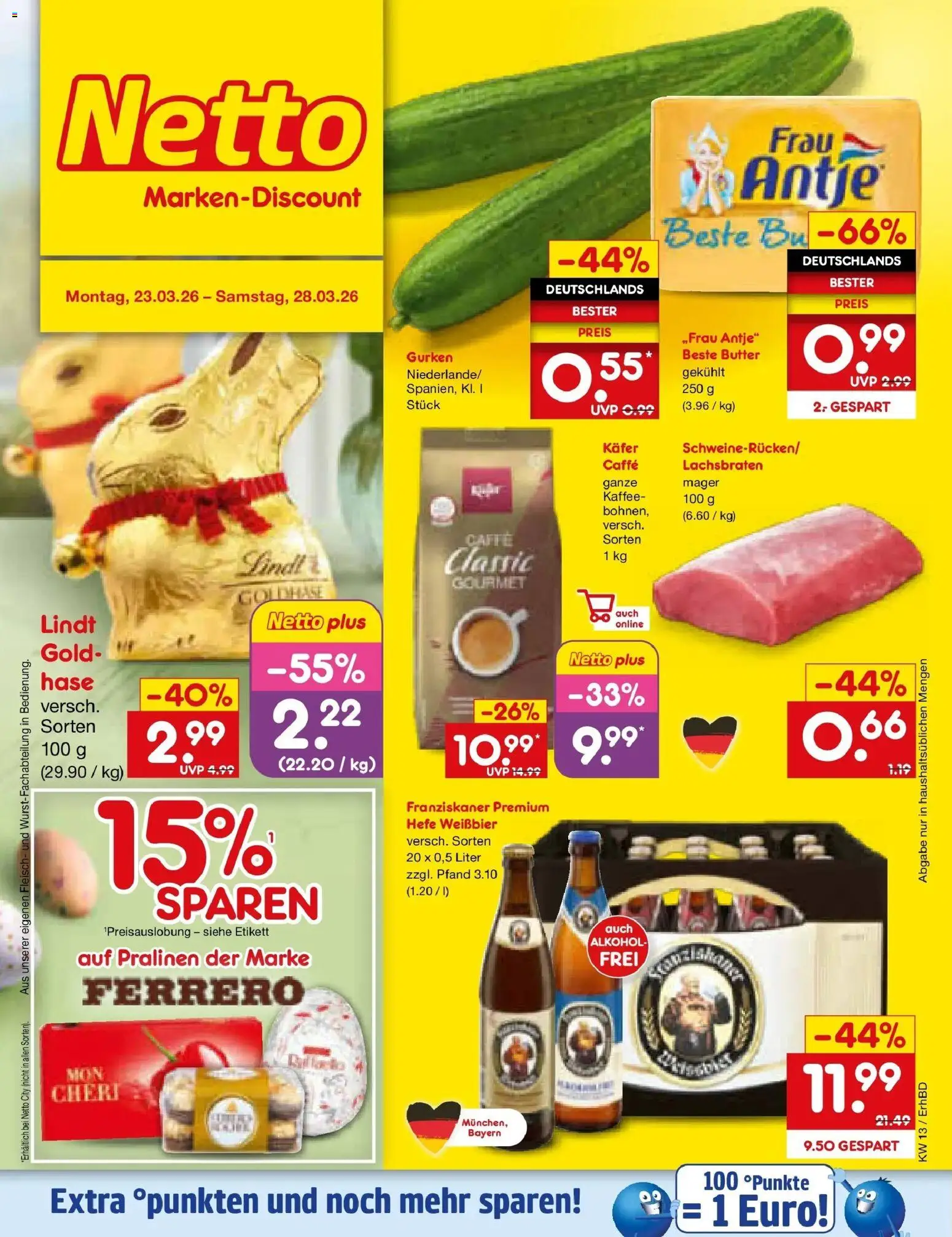 Netto Marken-Discount Prospekt Ergolding	 – gültig ab 23.03.2026 | Seite: 1 | Produkte: Weißbier, Lindt, Fleisch, Gurken