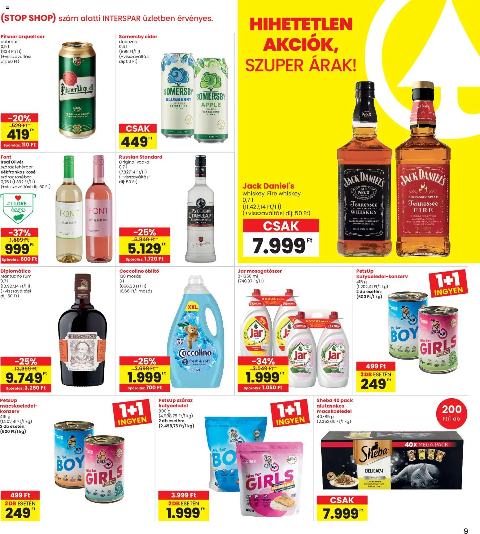 Interspar akciós ujság - amely érvényes a következő dátumtól: 26.03.2026 | Oldal: 9 | Termékek: Whiskey, Macskaeledel, Öblítő, Fehérbor