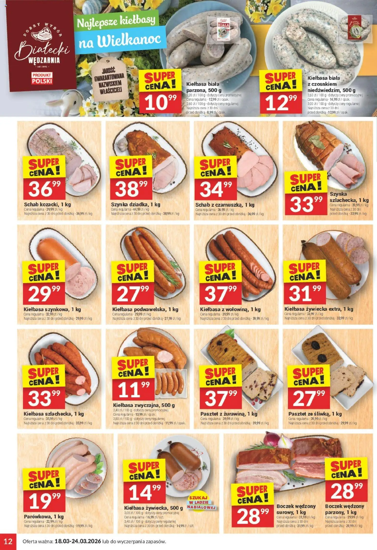 Twój Market gazetka od 18.03.2026 | Strona: 12 | Produkty: Kiełbasa, Schab, Szynka, Boczek
