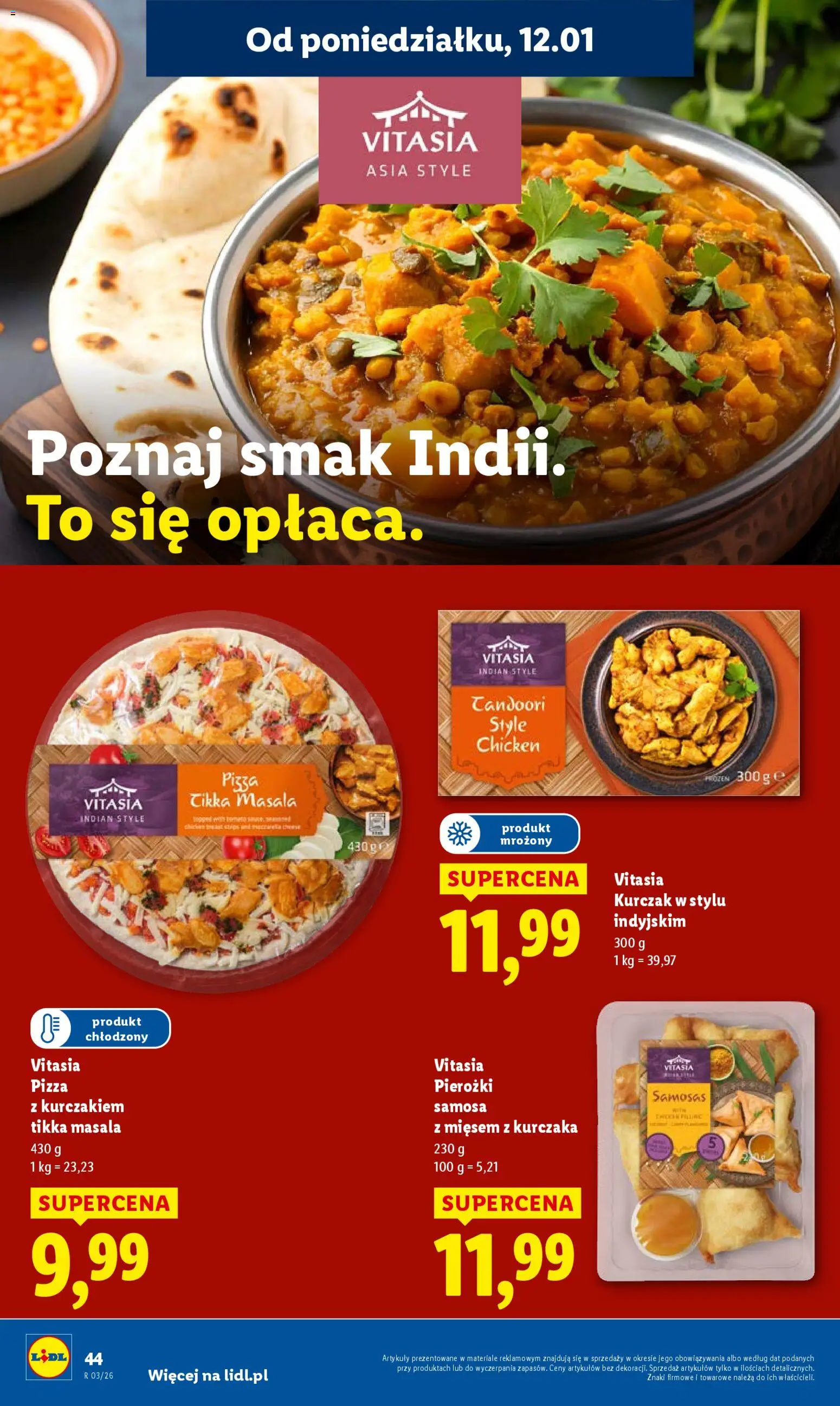 Lidl Gazetka od 12.01.2026 | Strona: 44 | Produkty: Kurczak, Tikka masala, Pizza z kurczakiem, Pizza