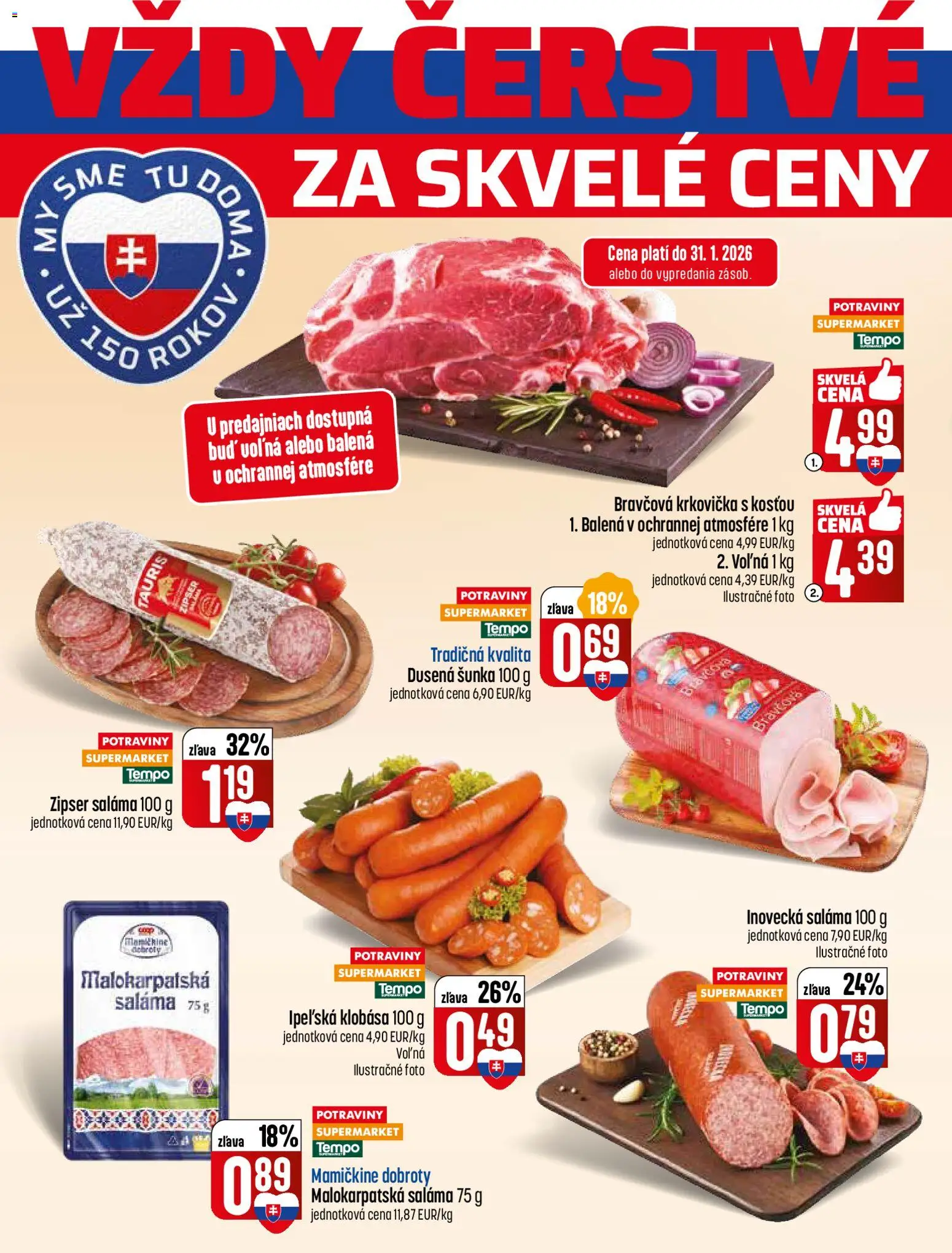 Nové COOP Jednota akcie – leták je platný od 29.01.2026 | Strana: 4 | Produkty: Saláma, Klobása, Bravčová krkovička, Krkovička