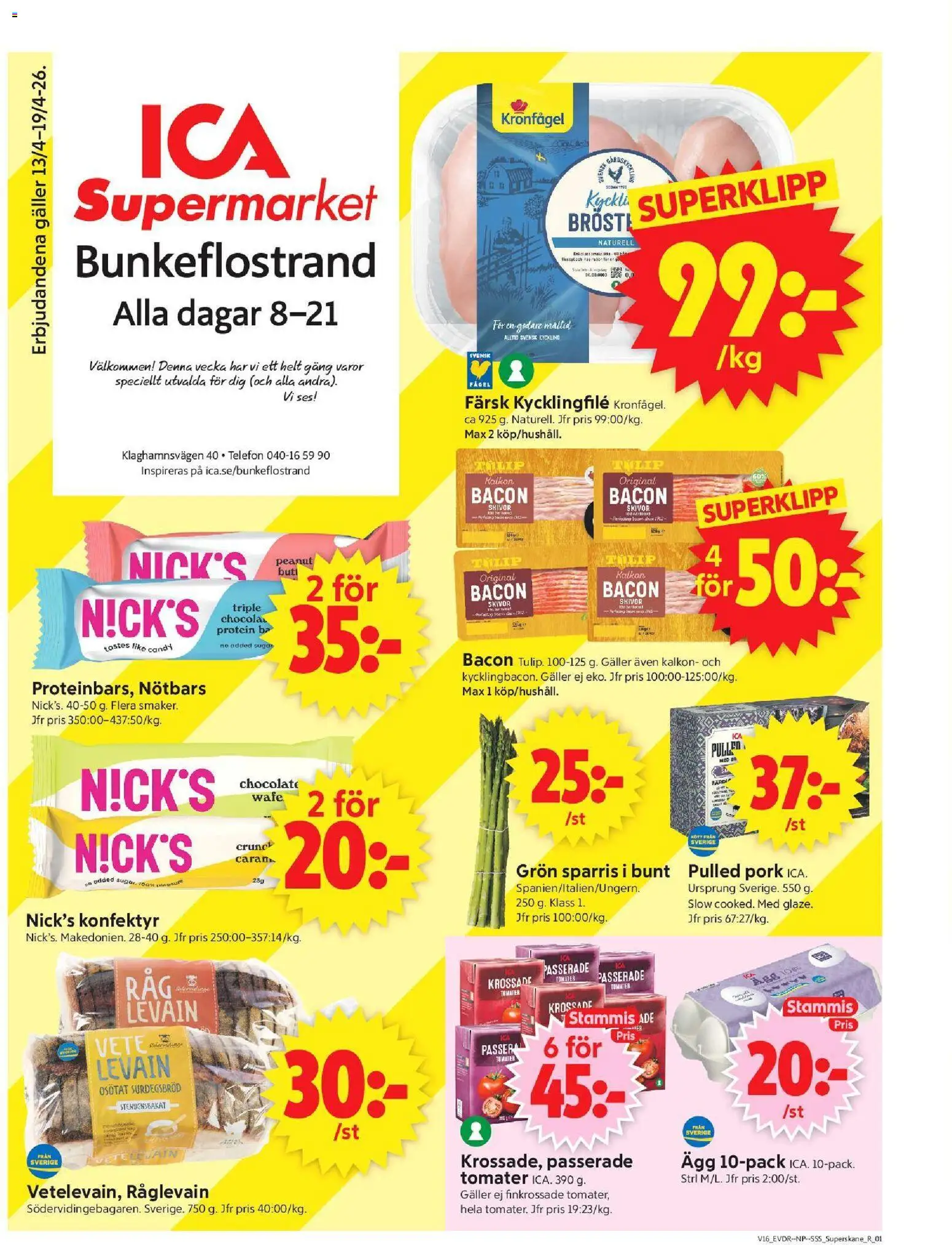 ICA Supermarket reklamblad aktuell från 13.04.2026 | Sida: 1 | Produkter: Bacon, Levain, Ägg, Kalkon