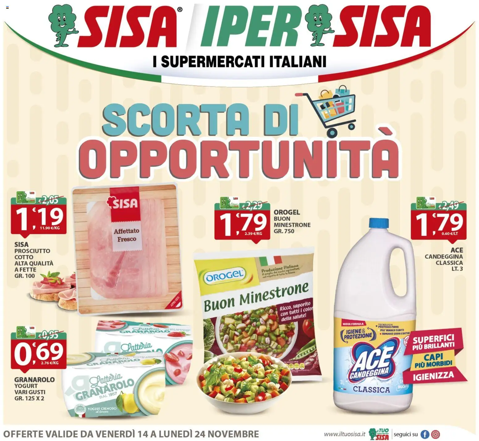 Volantino SISA del 14.11.2025 | Pagina: 1 | Prodotti: Minestrone, Yogurt, Candeggina, Prosciutto