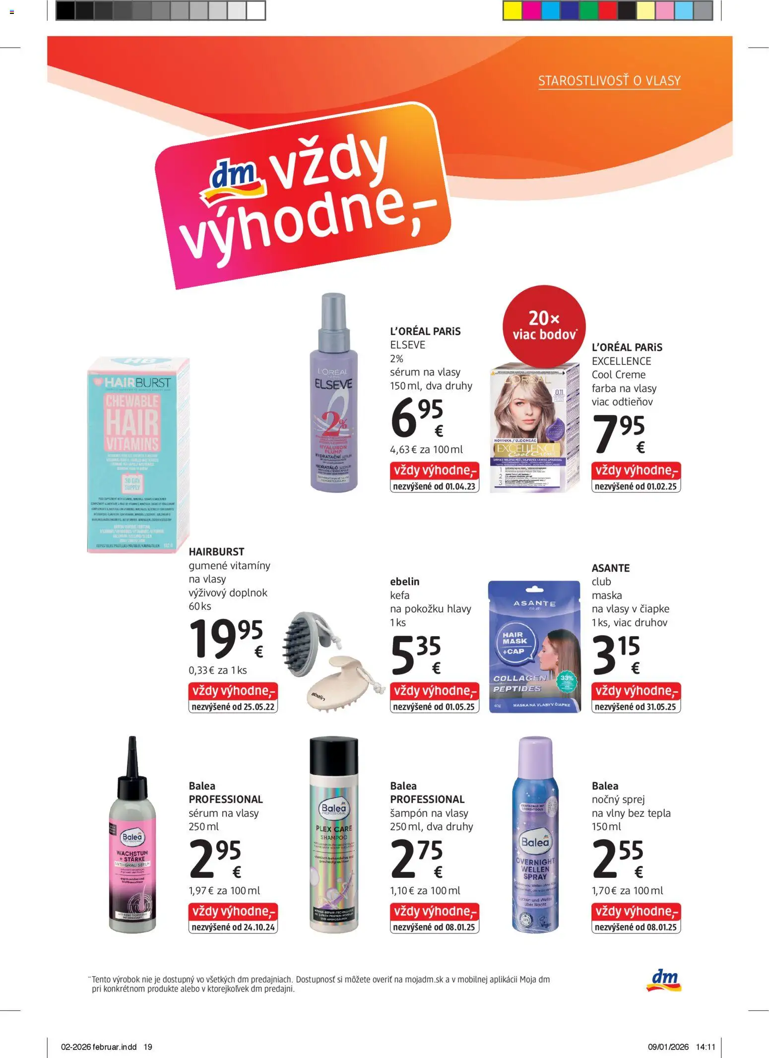 Nové dm drogerie akcie – leták je platný od 01.02.2026 | Strana: 19 | Produkty: Šampón, Maska na vlasy, Farba na vlasy, Maska