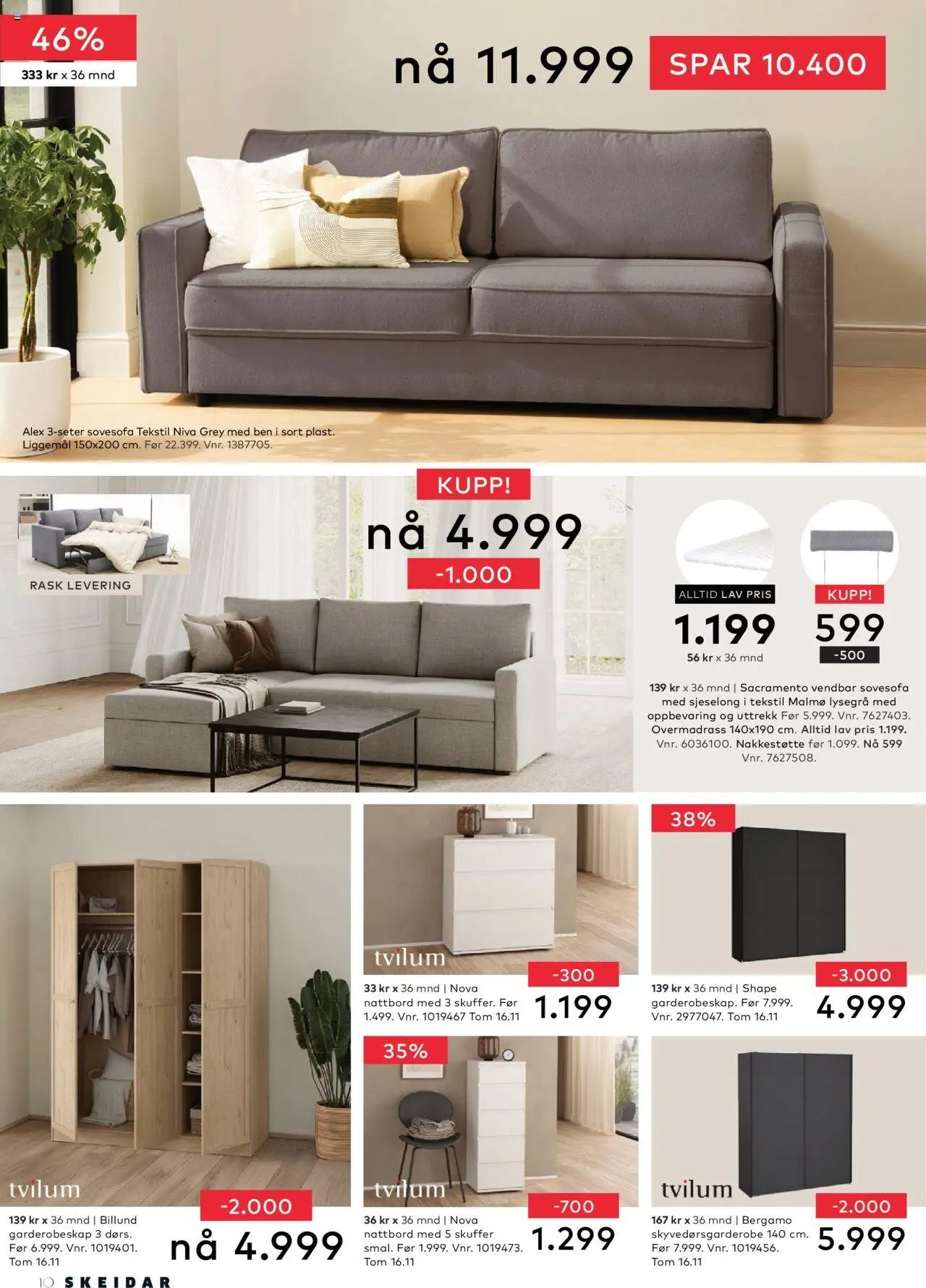 {H1} | Side: 10 | Produkter: Sovesofa, Garderobeskap, Nattbord, Sjeselong