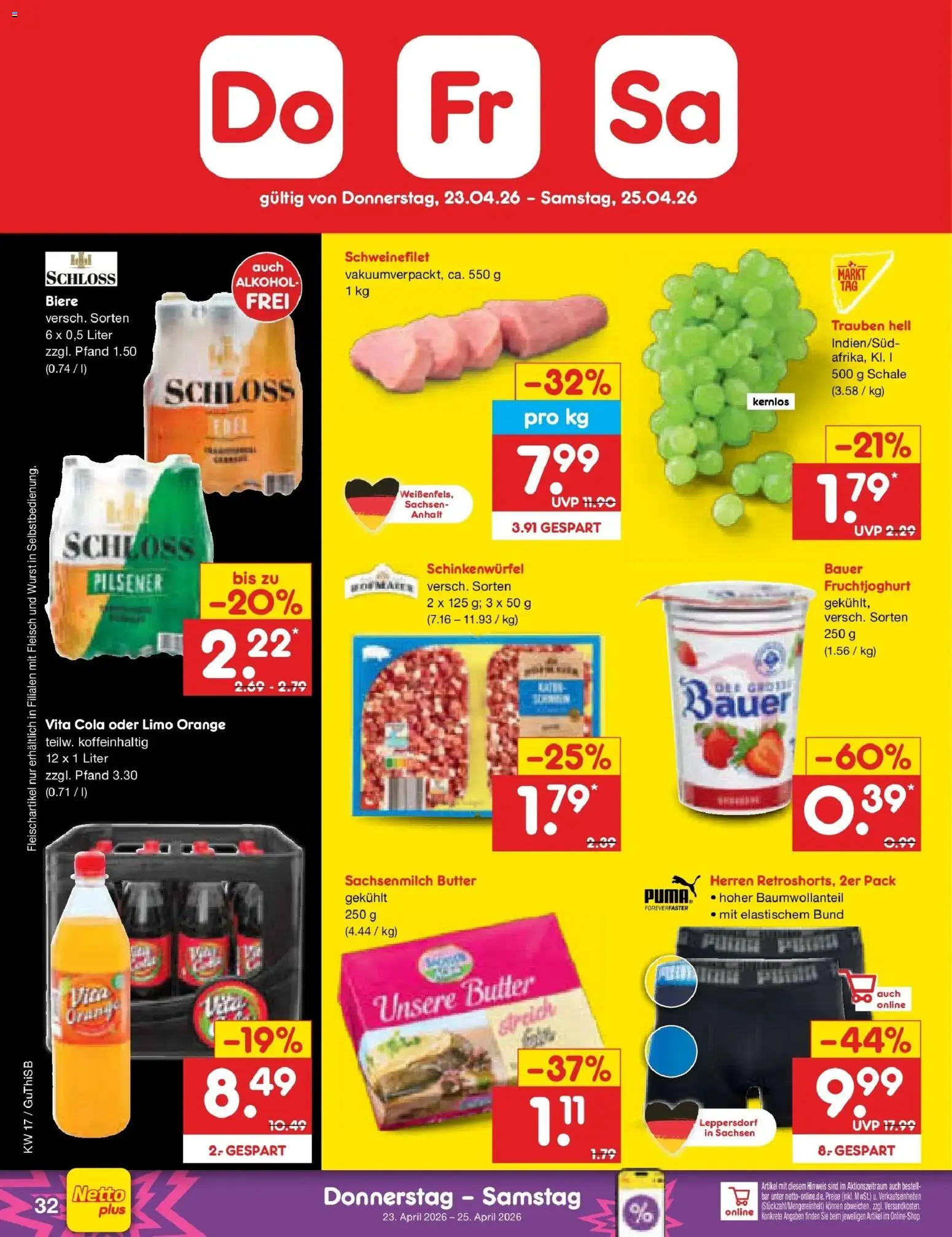 Netto Marken-Discount Prospekt Machern	 – gültig ab 20.04.2026 | Seite: 48 | Produkte: Trauben, Fruchtjoghurt, Schweinefilet, Vita cola