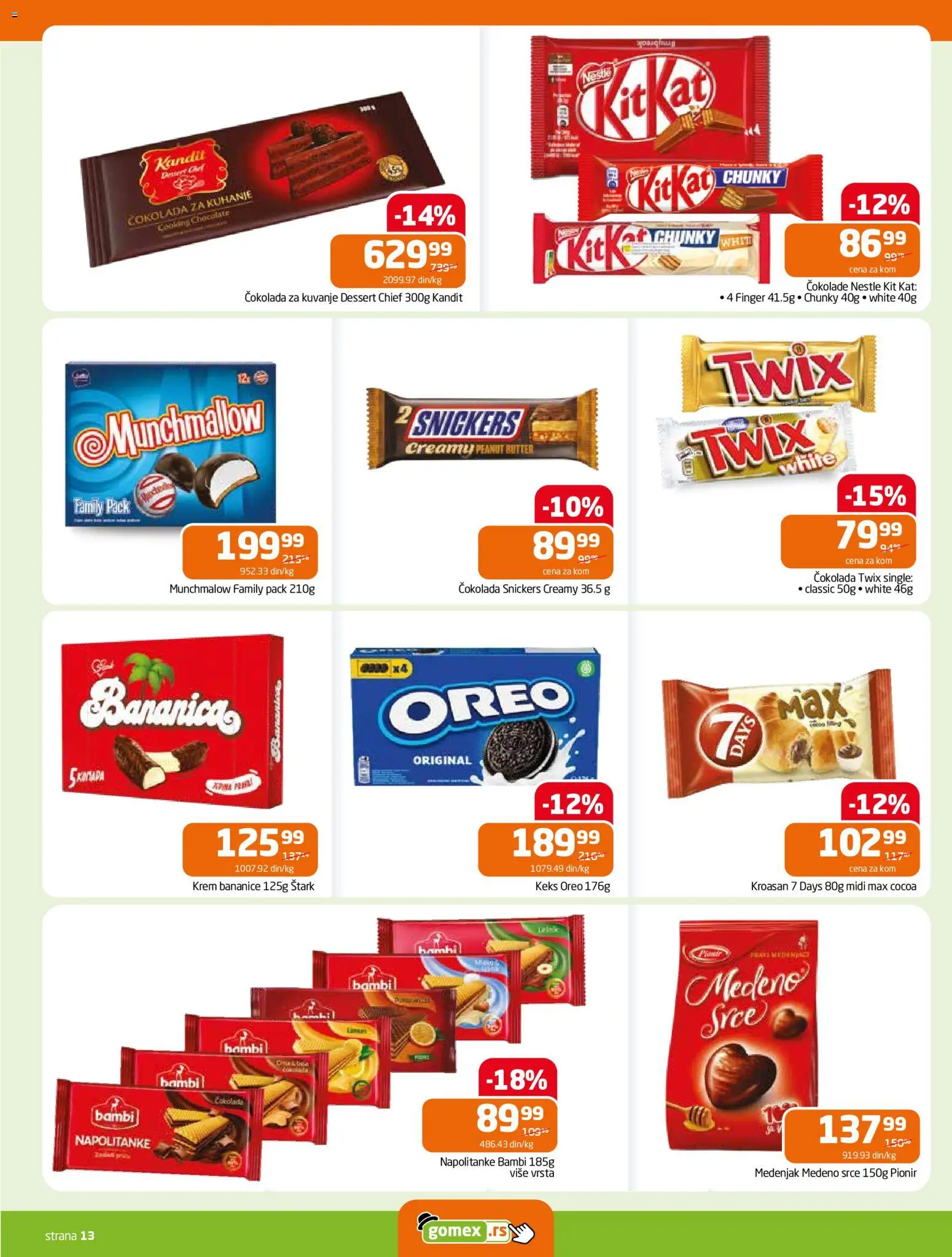 Gomex katalog - važi od 22.10.2025 | Strana: 13 | Proizvode: Čokolada za kuvanje, Munchmallow, Oreo, Kroasan