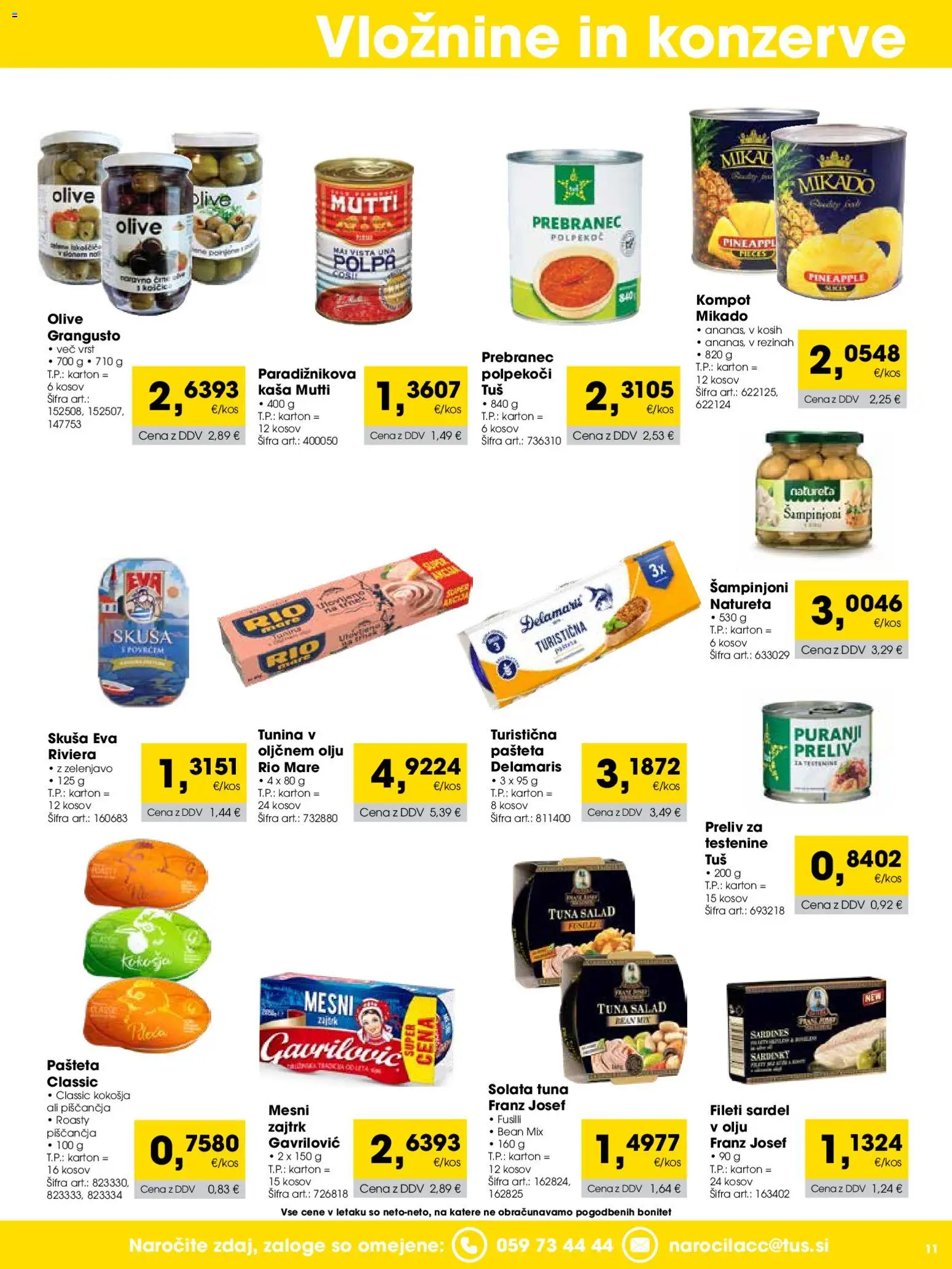 Novi Tuš katalog ponudbe – veljaven od 01.04.2026 | Stran: 11 | Izdelki: Tuna, Pašteta, Olive, Testenine