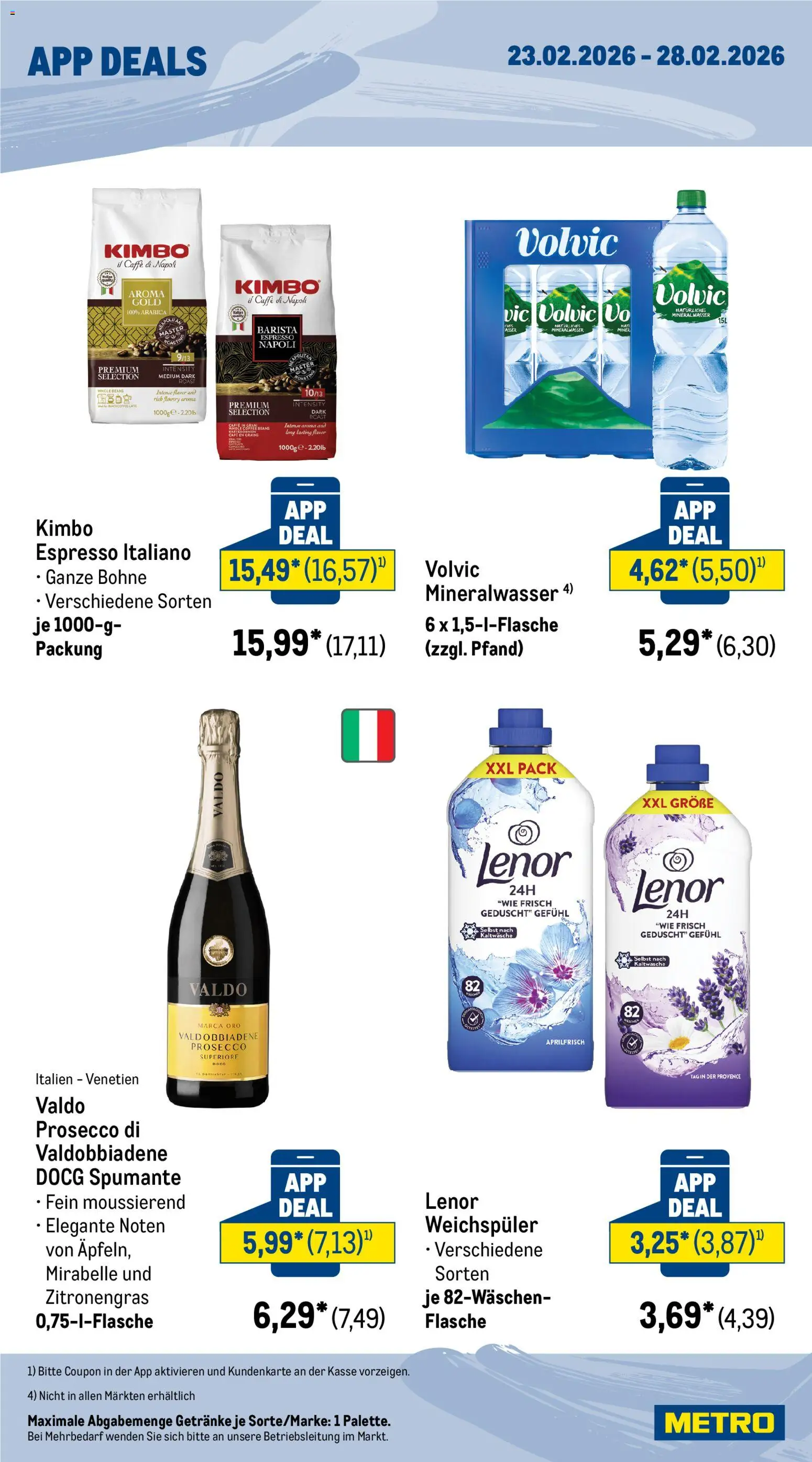 Metro App-Deals – gültig ab 23.02.2026 | Seite: 2 | Produkte: Lenor, Zitronengras, Mineralwasser, Prosecco