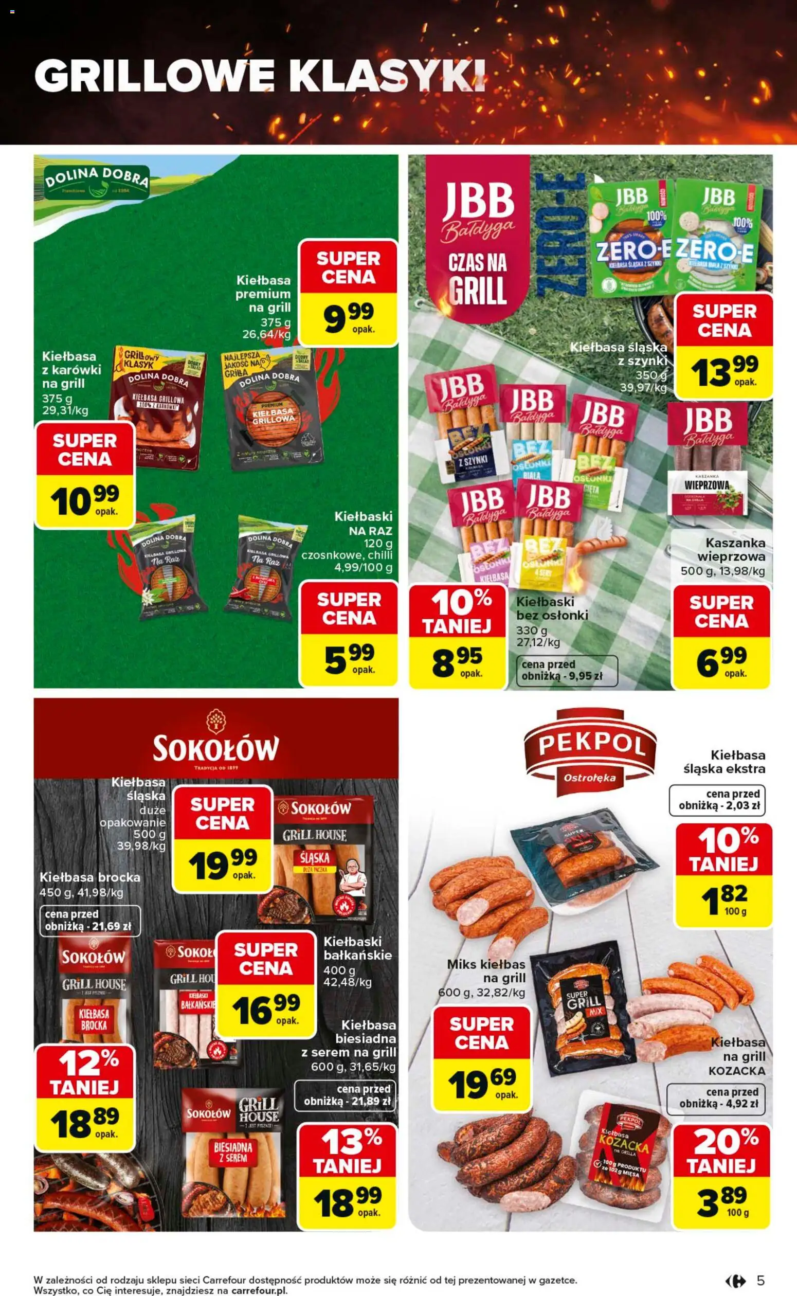 Carrefour gazetka - Misja:Grill Cię wzywa od 23.04.2026 | Strona: 5 | Produkty: Kiełbasa, Kiełbaski, Kiełbasa biała z szynki, Sery