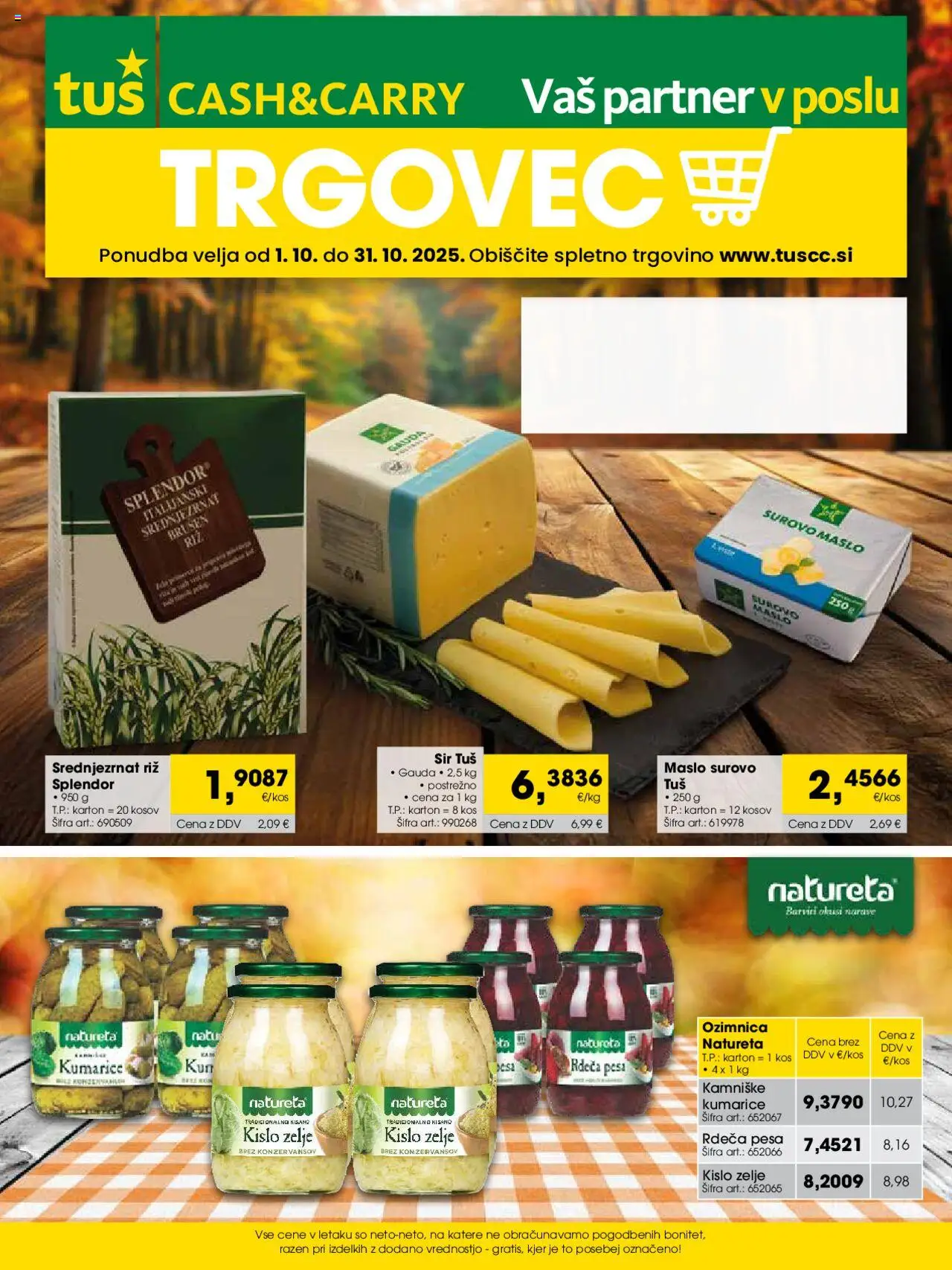 Novi Tuš katalog ponudbe – veljaven od 01.10.2025 | Stran: 1 | Izdelki: Sir, Riz, Kumarice, Pesa