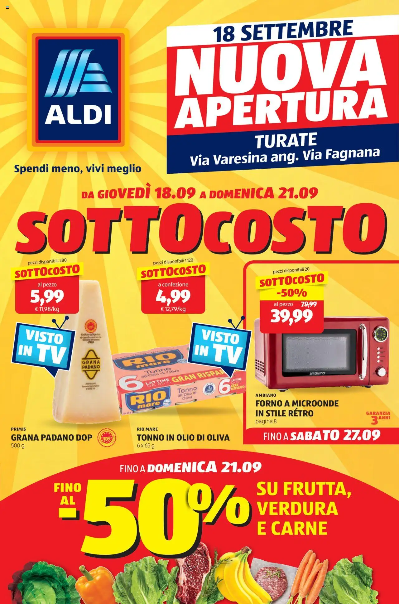 Volantino Aldi del 18.09.2025 | Pagina: 1 | Prodotti: Microonde, Olio, Grana Padano, Forno