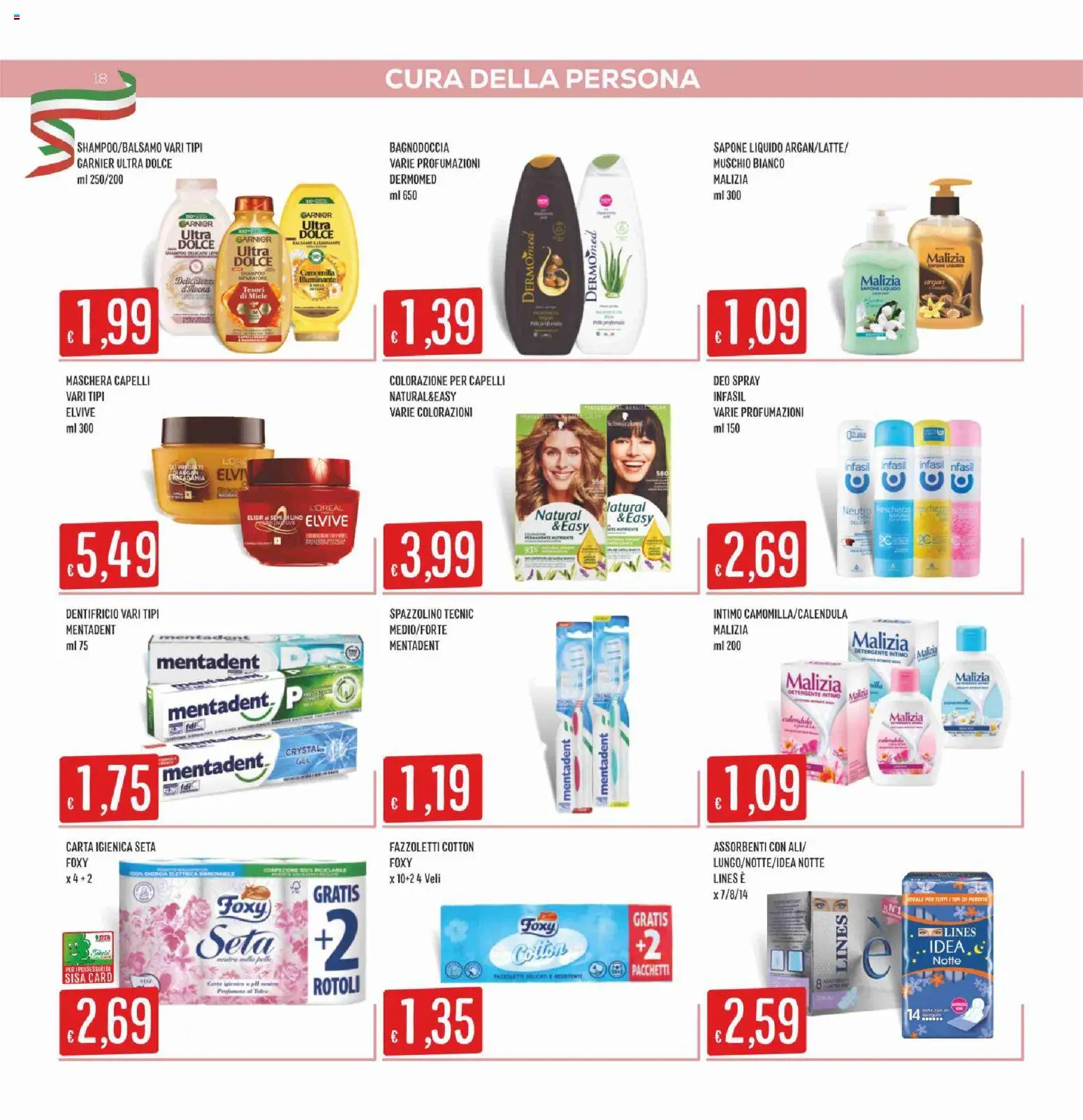 Volantino SISA del 16.04.2026 | Pagina: 18 | Prodotti: Carta igienica, Sapone, Spazzolino, Detergente intimo