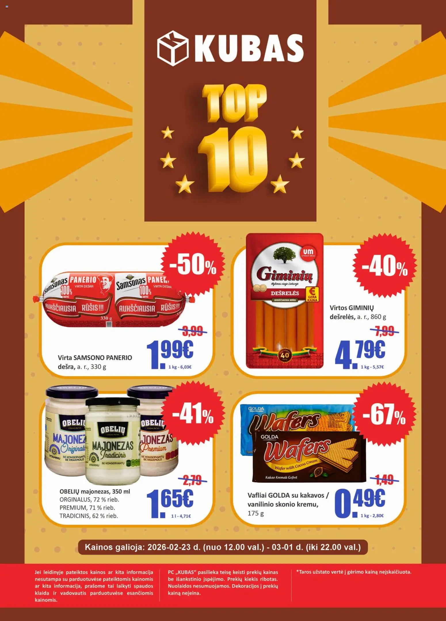 Kubas akcijos nuo 23.02.2026 | Puslapis: 1 | Prekių: Dešrelės, Majonezas, Dešra, Vafliai