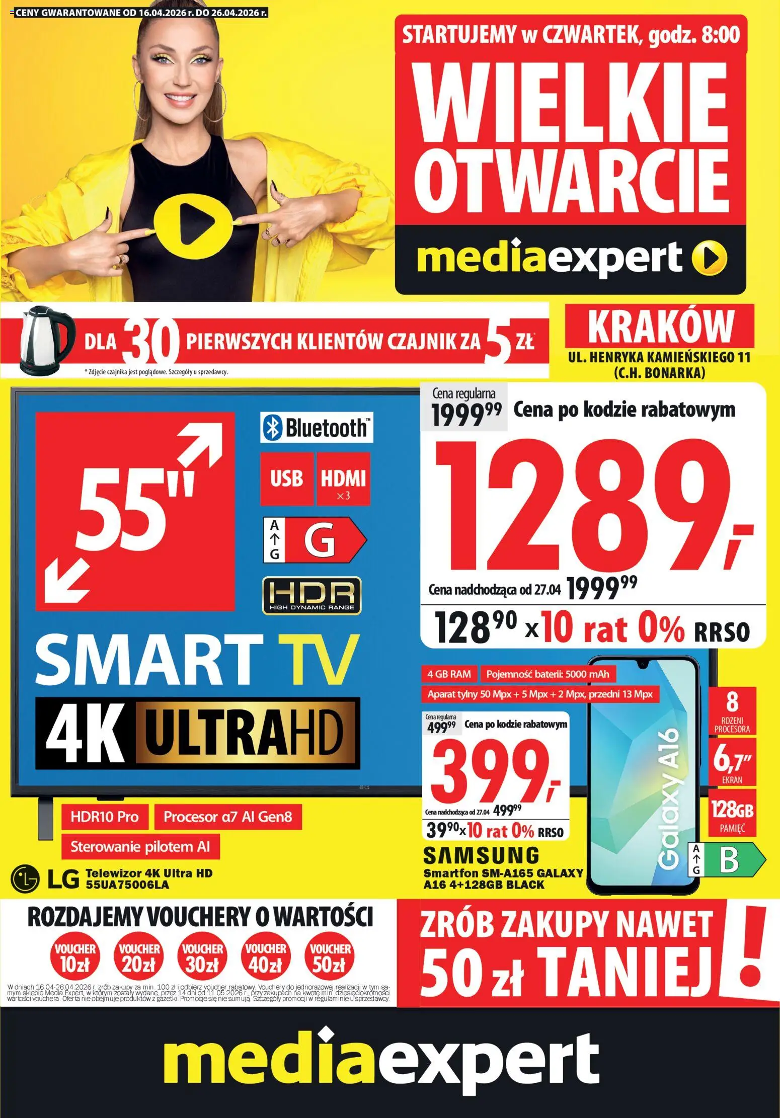 Mediaexpert promocje - Wielkie otwarcie Kraków od 16.04.2026 | Strona: 1 | Produkty: Smartfon, Telewizor, Czajnik