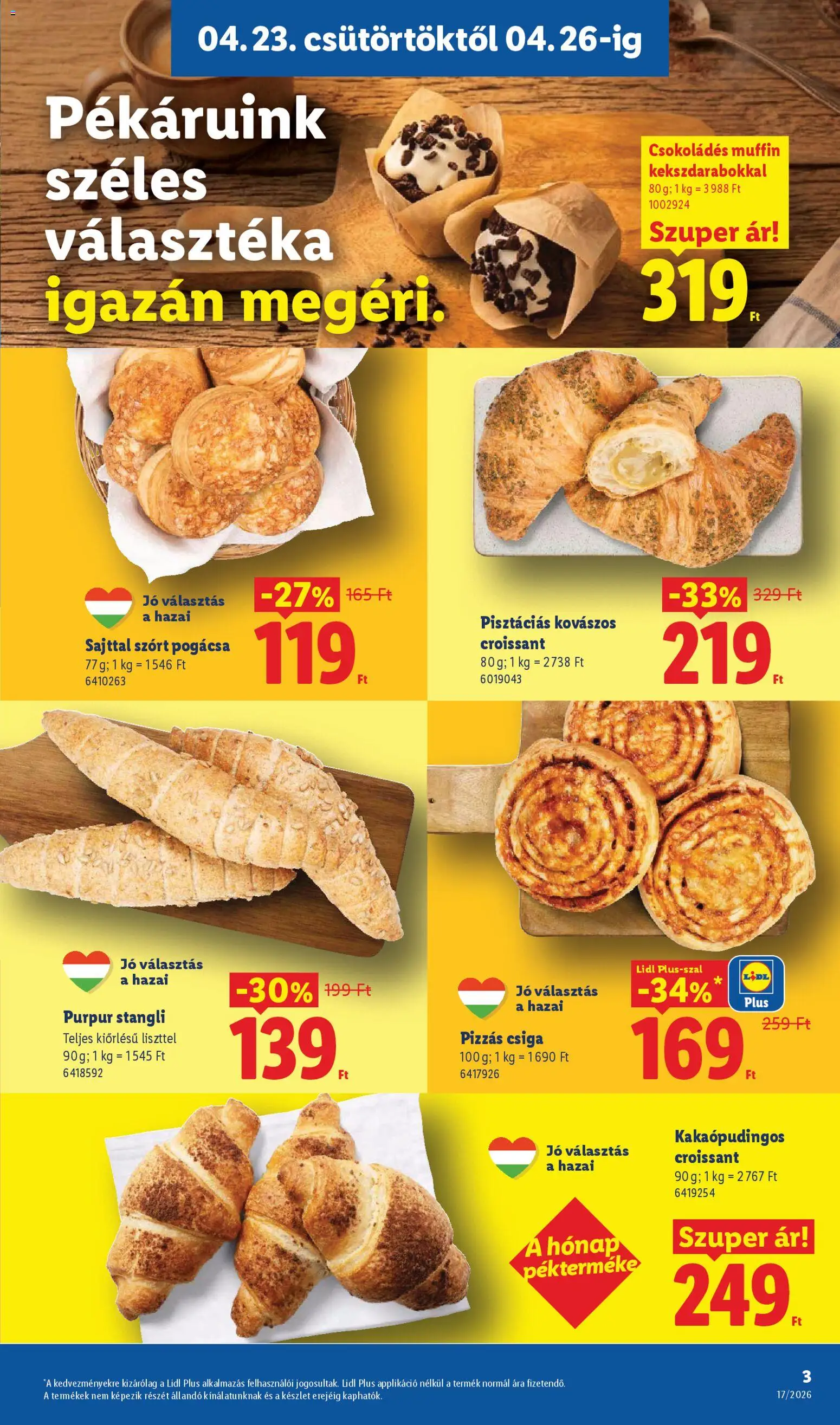 Lidl akciós ujság - amely érvényes a következő dátumtól: 23.04.2026 | Oldal: 3 | Termékek: Croissant, Stangli, Muffin, Pizza