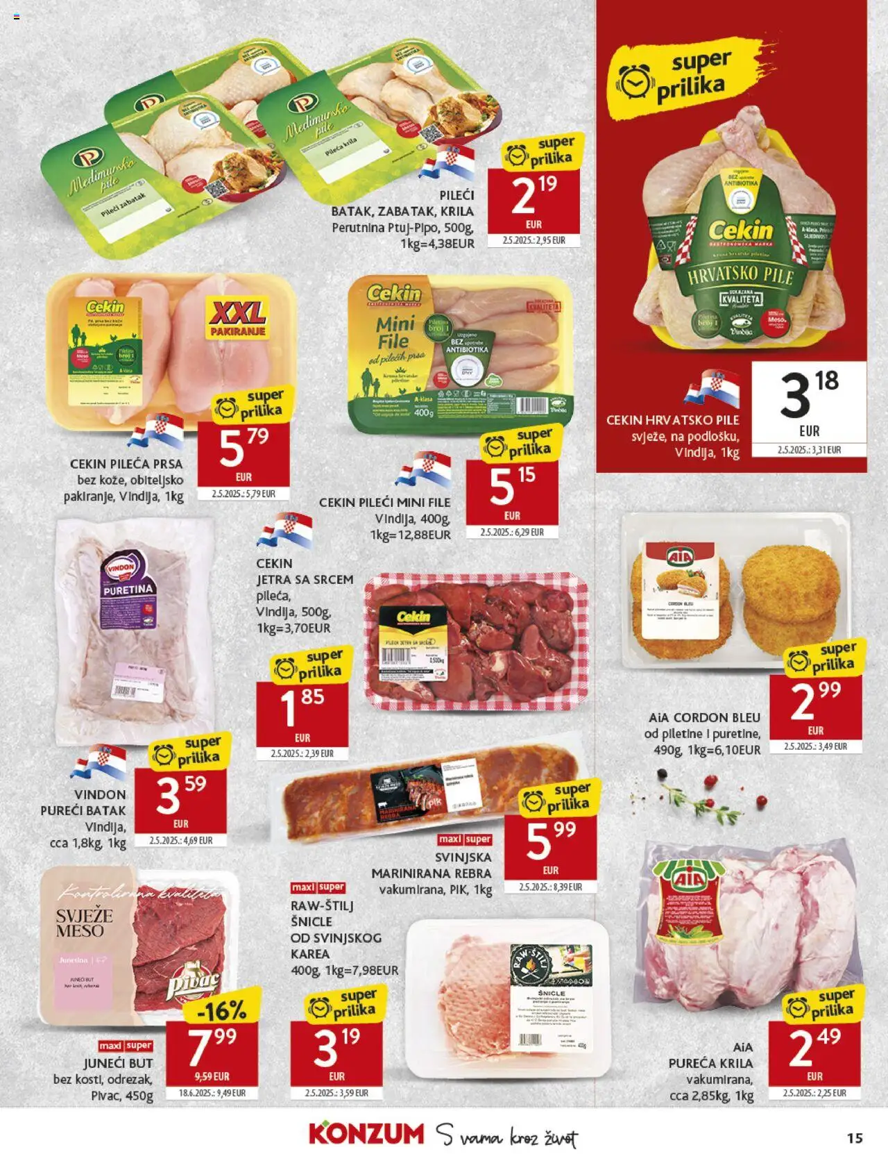 Konzum katalog | vrijedi od 22.10.2025 | Stranica: 15 | Proizvodi: Pileća krila, Meso, Junetina, Pileća prsa