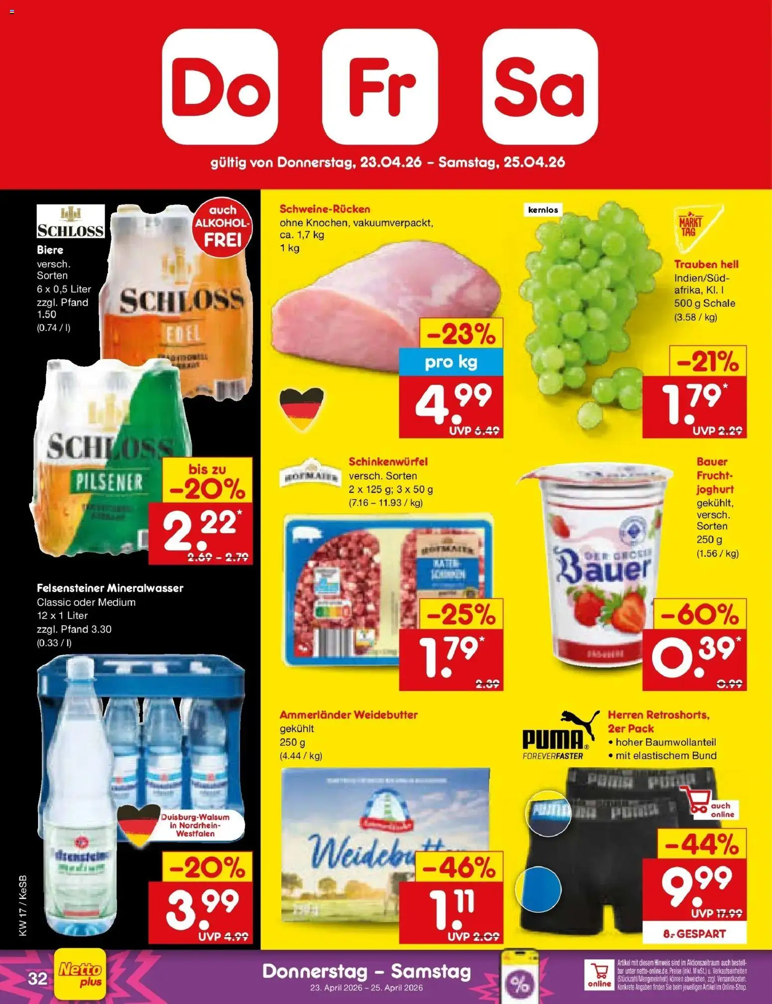 Netto Marken-Discount Prospekt Bonn	 – gültig ab 20.04.2026 | Seite: 47 | Produkte: Joghurt, Trauben, Mineralwasser, Schweinerucken