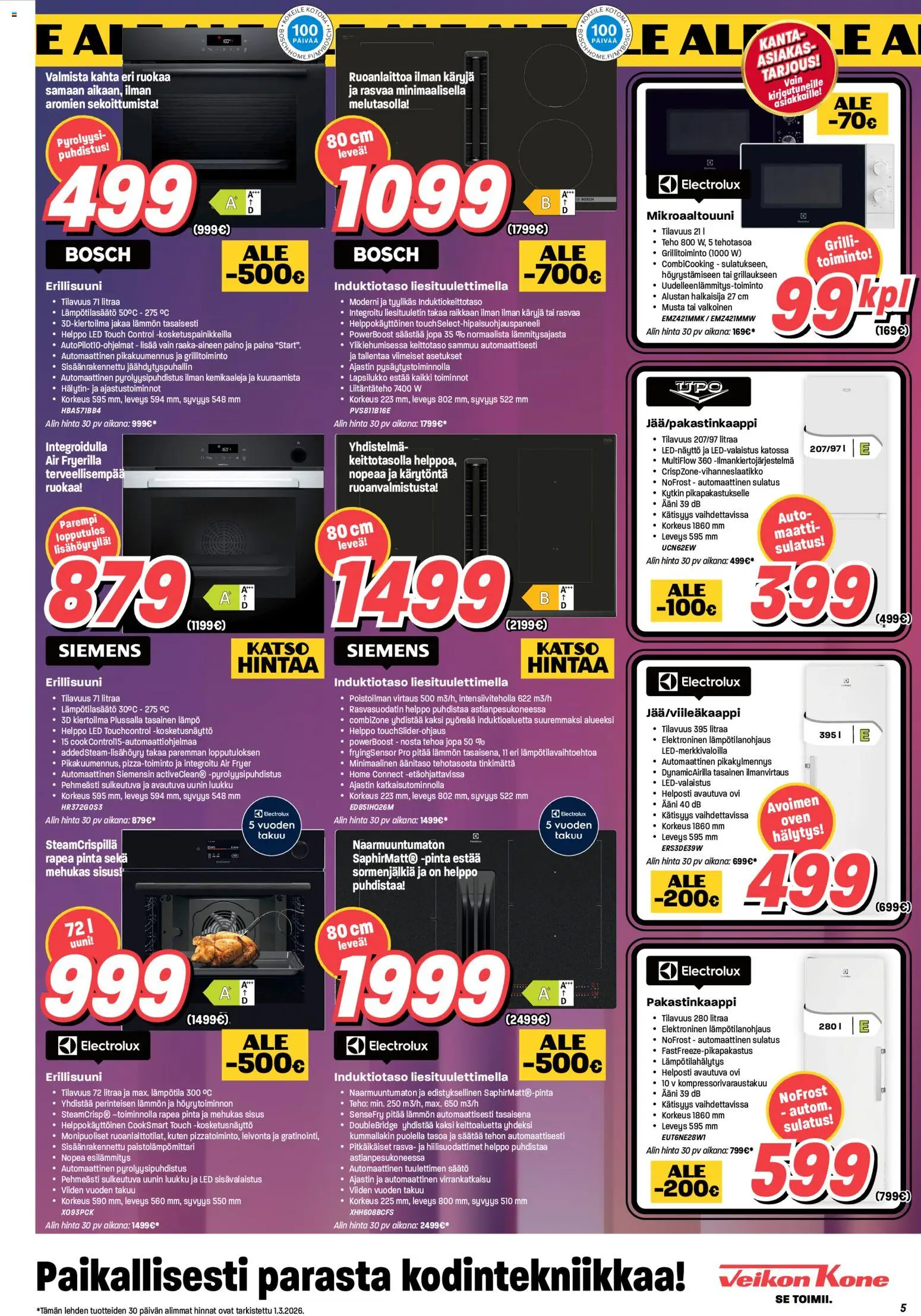 Veikon Kone tarjoukset – voimassa 02.03.2026 alkaen | Sivu: 5 | Tuotteet: Liesituuletin, Keittotaso, Pakastinkaappi, Erillisuuni