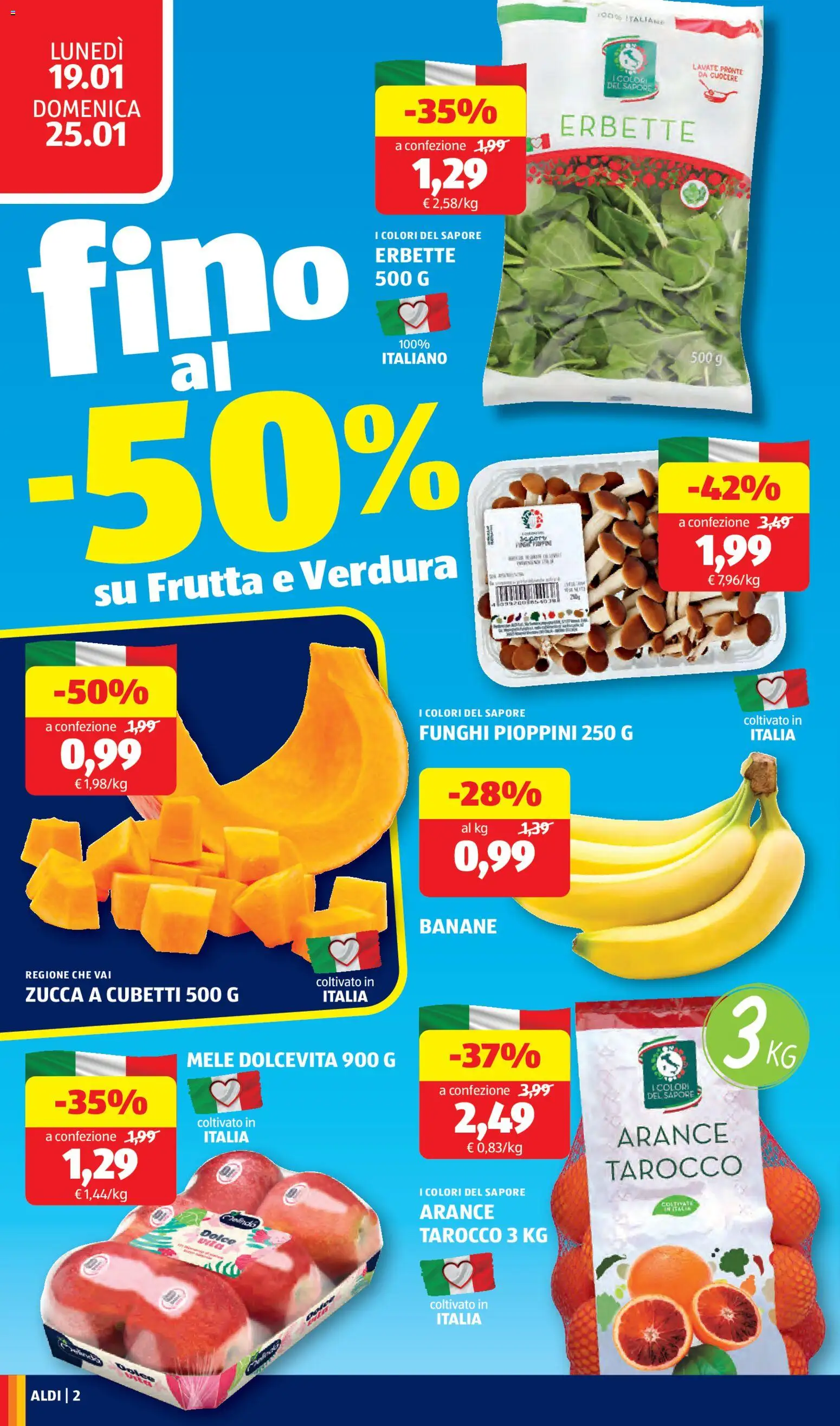 Volantino Aldi del 19.01.2026 | Pagina: 2 | Prodotti: Mele, Banane, Frutta, Zucca