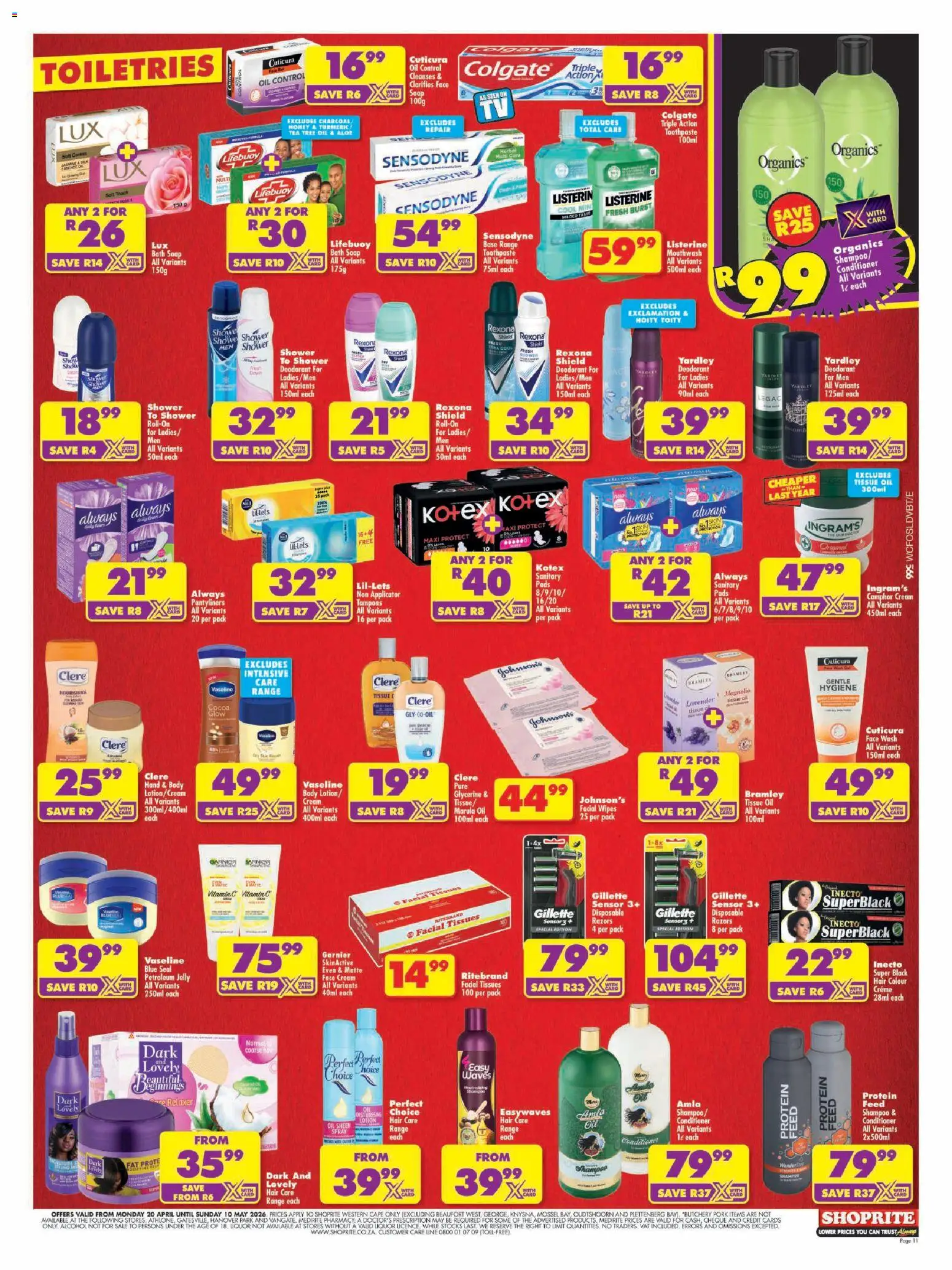 New Shoprite catalogue – valid from 20.04.2026 | Page: 11 | Products: Pads, Pork, Panty liners, Lotion