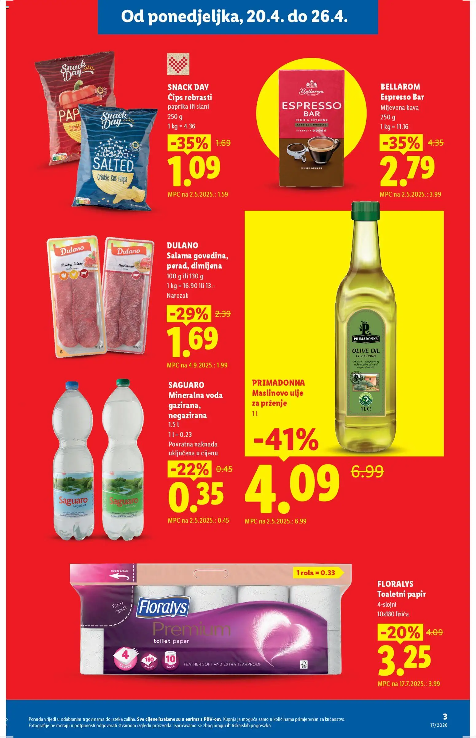Lidl katalog | vrijedi od 20.04.2026 | Stranica: 3 | Proizvodi: Mljevena kava, Maslinovo ulje, Narezak, Toaletni papir