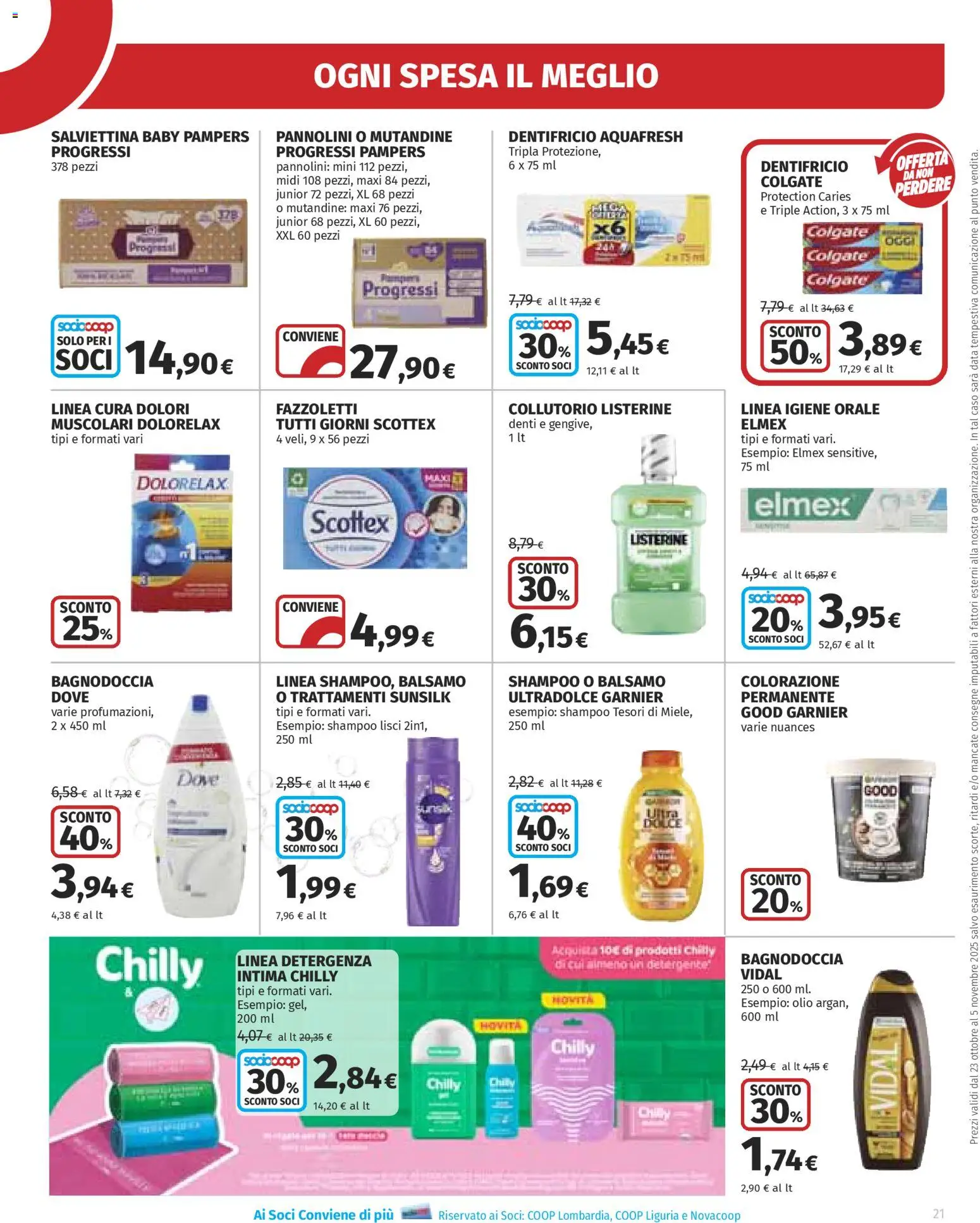Volantino Ipercoop del 23.10.2025 | Pagina: 21 | Prodotti: Shampoo, Fazzoletti, Mutandine, Pampers