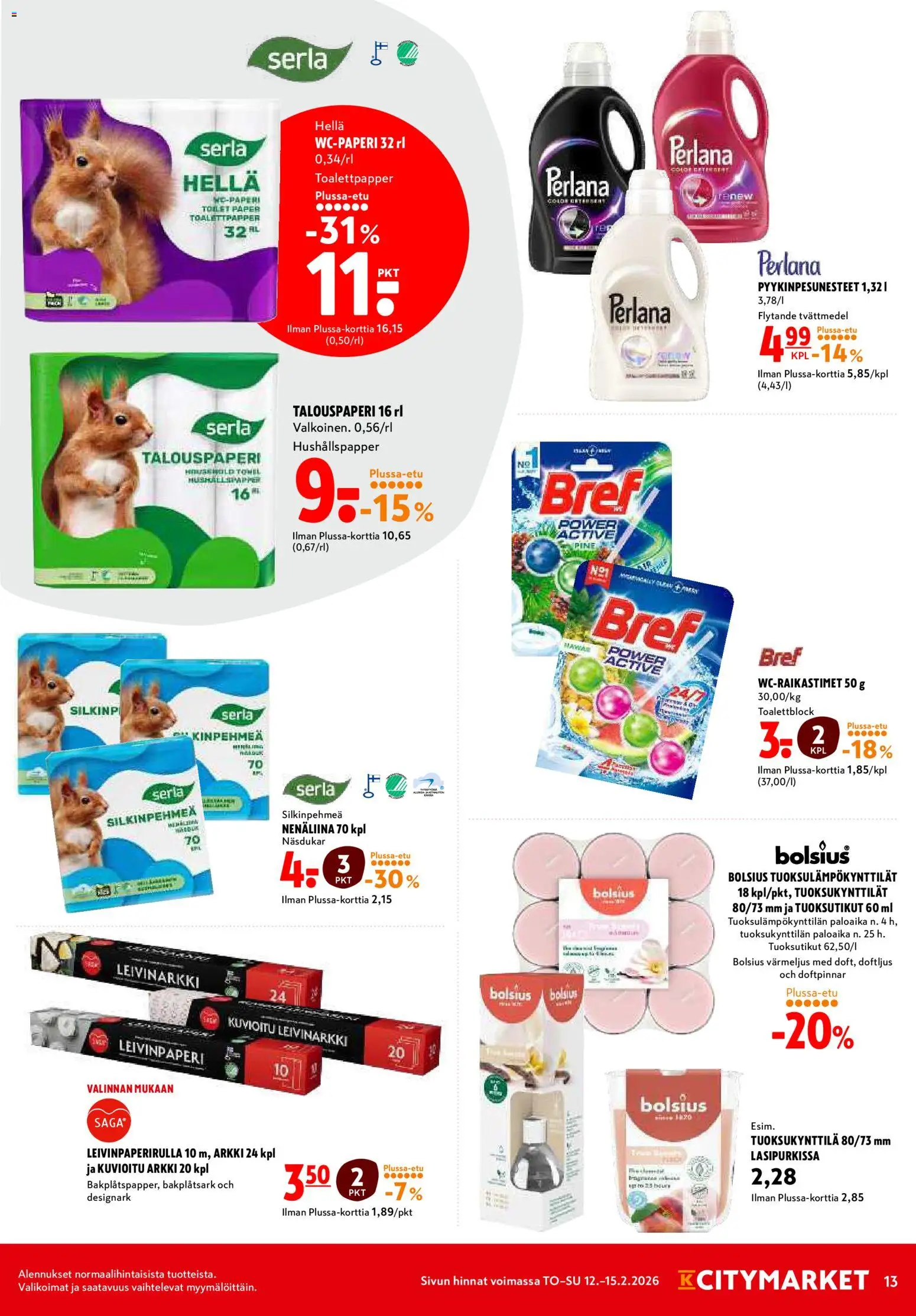K-Citymarket tarjoukset – voimassa 12.02.2026 alkaen | Sivu: 13 | Tuotteet: Leivinpaperi, Hella, Nenäliina