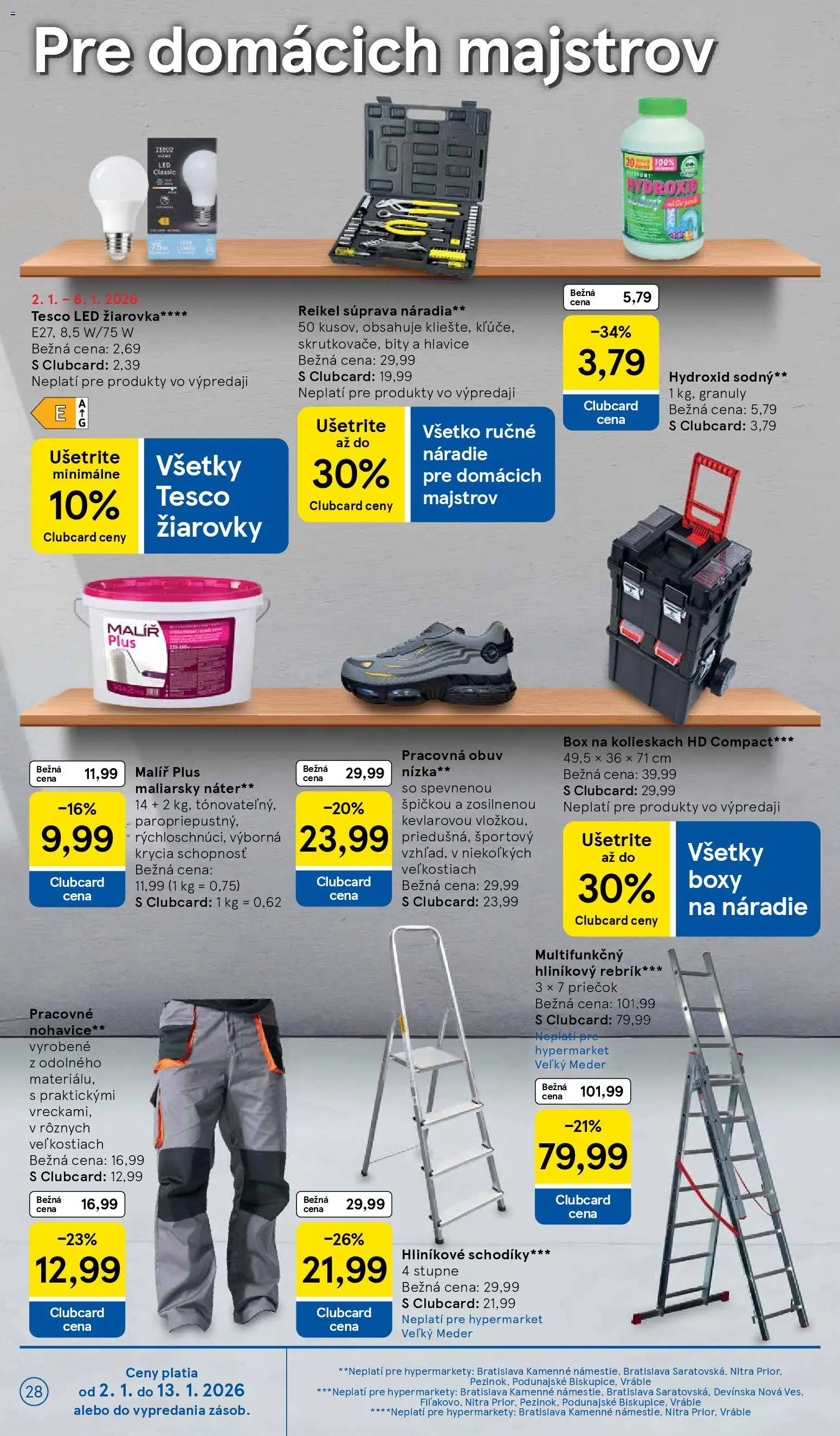 Nové Tesco akcie – leták je platný od 02.01.2026 | Strana: 28 | Produkty: Žiarovka, Žiarovky, Náradie, Pracovná obuv
