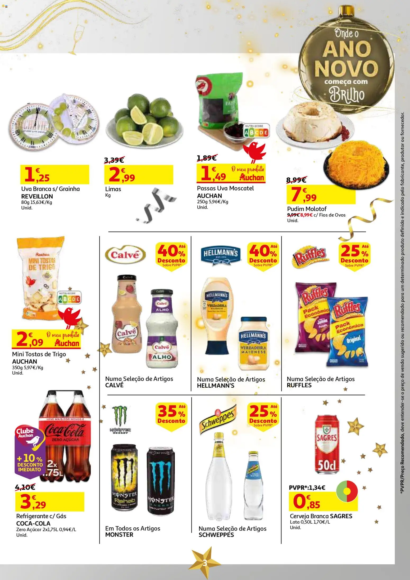 Auchan - Onde o Ano Novo acontece │ válido de 26.12.2025 | Página: 3 | Produtos: Refrigerante, Pudim, Cerveja, Açúcar