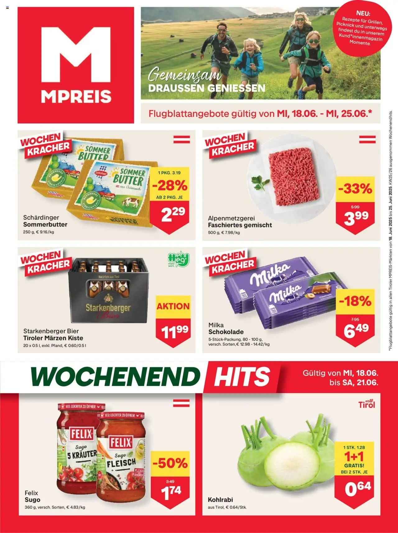 MPREIS Flugblatt gültig ab 18.06.2025 | Seite: 1 | Produkte: Butter, Schokolade, Bier