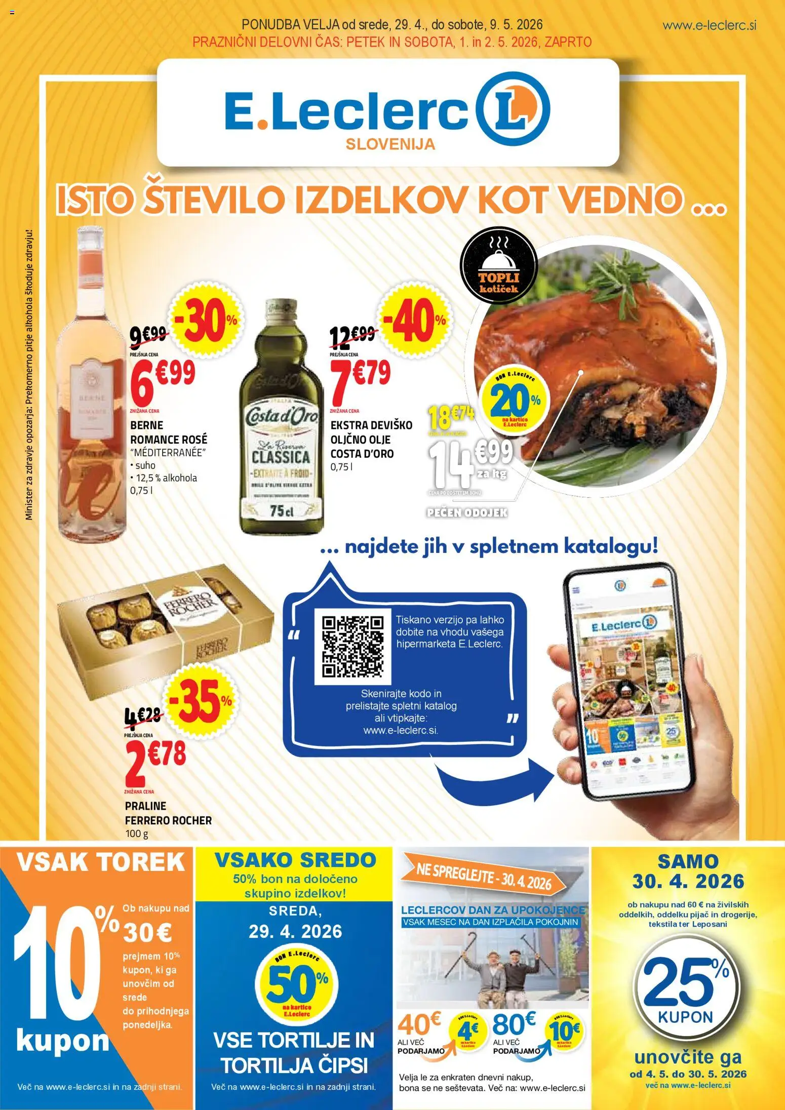 Novi E.leclerc katalog ponudbe – veljaven od 29.04.2026 | Stran: 1 | Izdelki: Oljčno olje, Tortilje, Olje