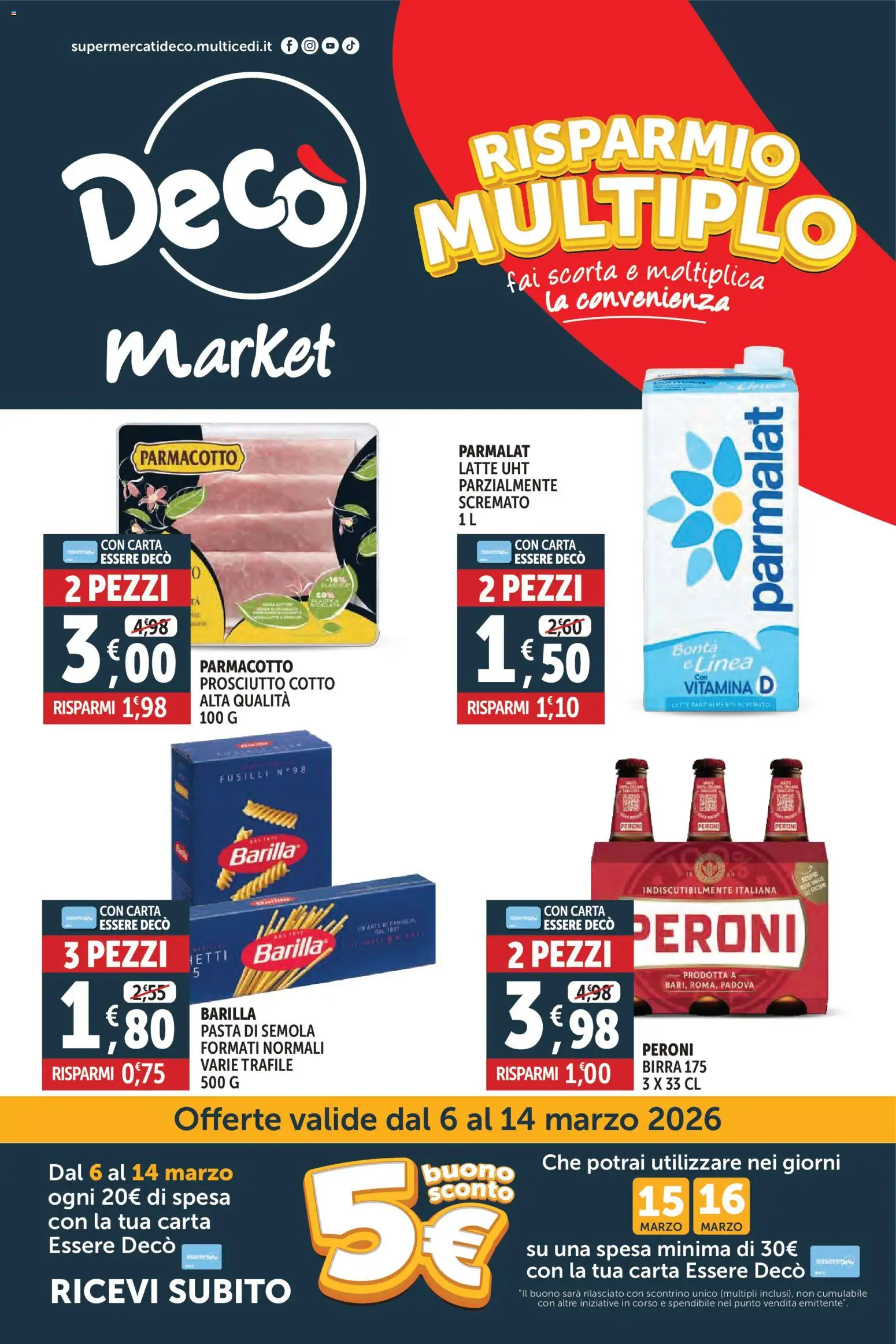 Volantino Decò del 06.03.2026 | Pagina: 1 | Prodotti: Prosciutto Cotto, Latte, Prosciutto, Pasta