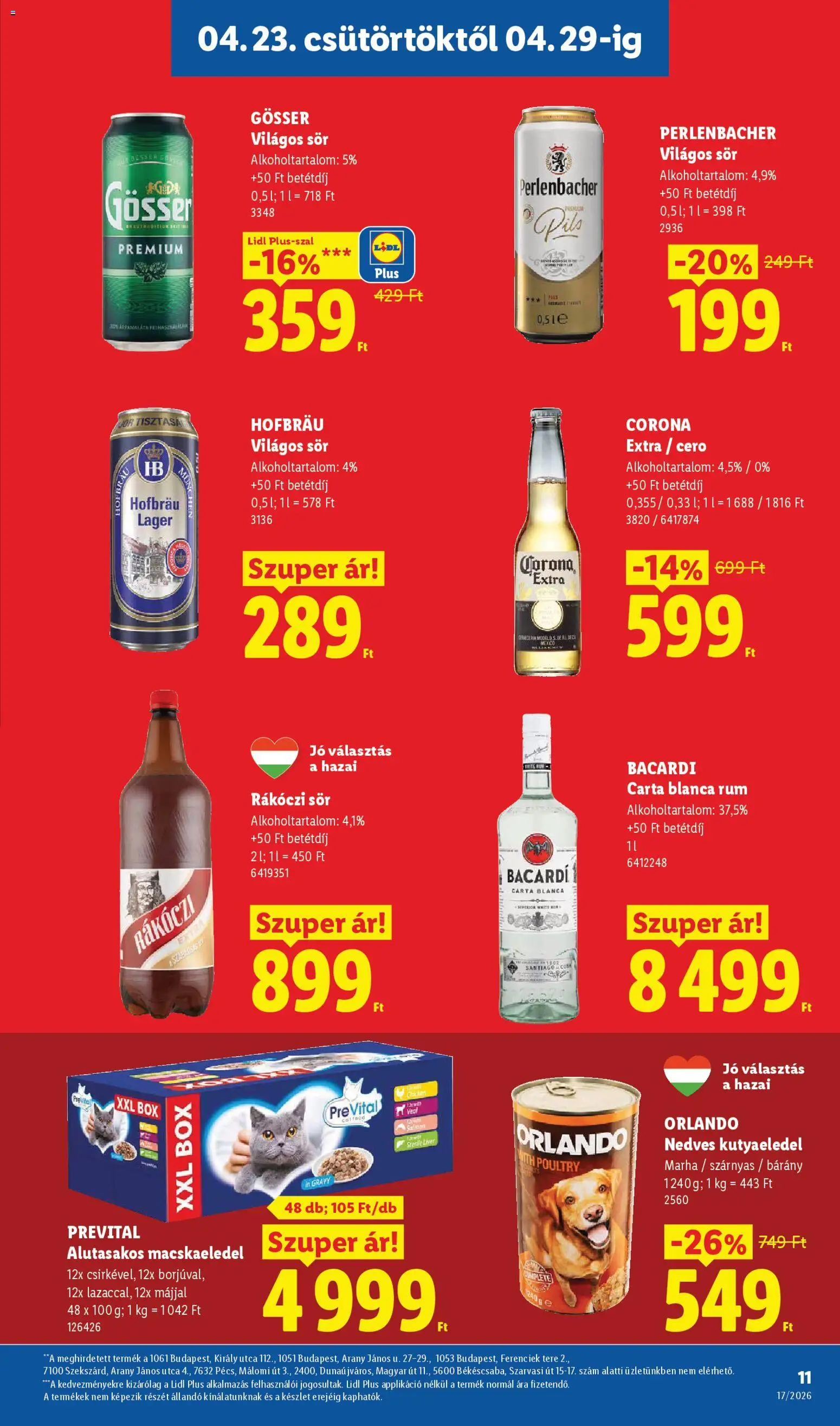 Lidl akciós ujság - amely érvényes a következő dátumtól: 23.04.2026 | Oldal: 11 | Termékek: Macskaeledel, Kutyaeledel, Bacardi, Sör