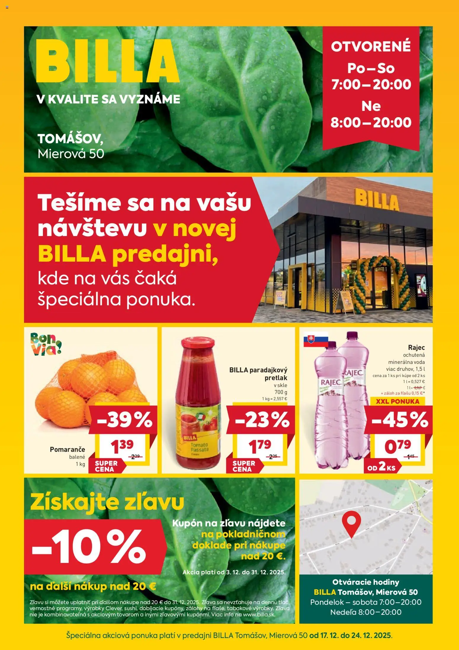 Nové Billa akcie – leták je platný od 17.12.2025 | Strana: 1 | Produkty: Hodiny, Pomaranče, Rajec, Minerálna voda