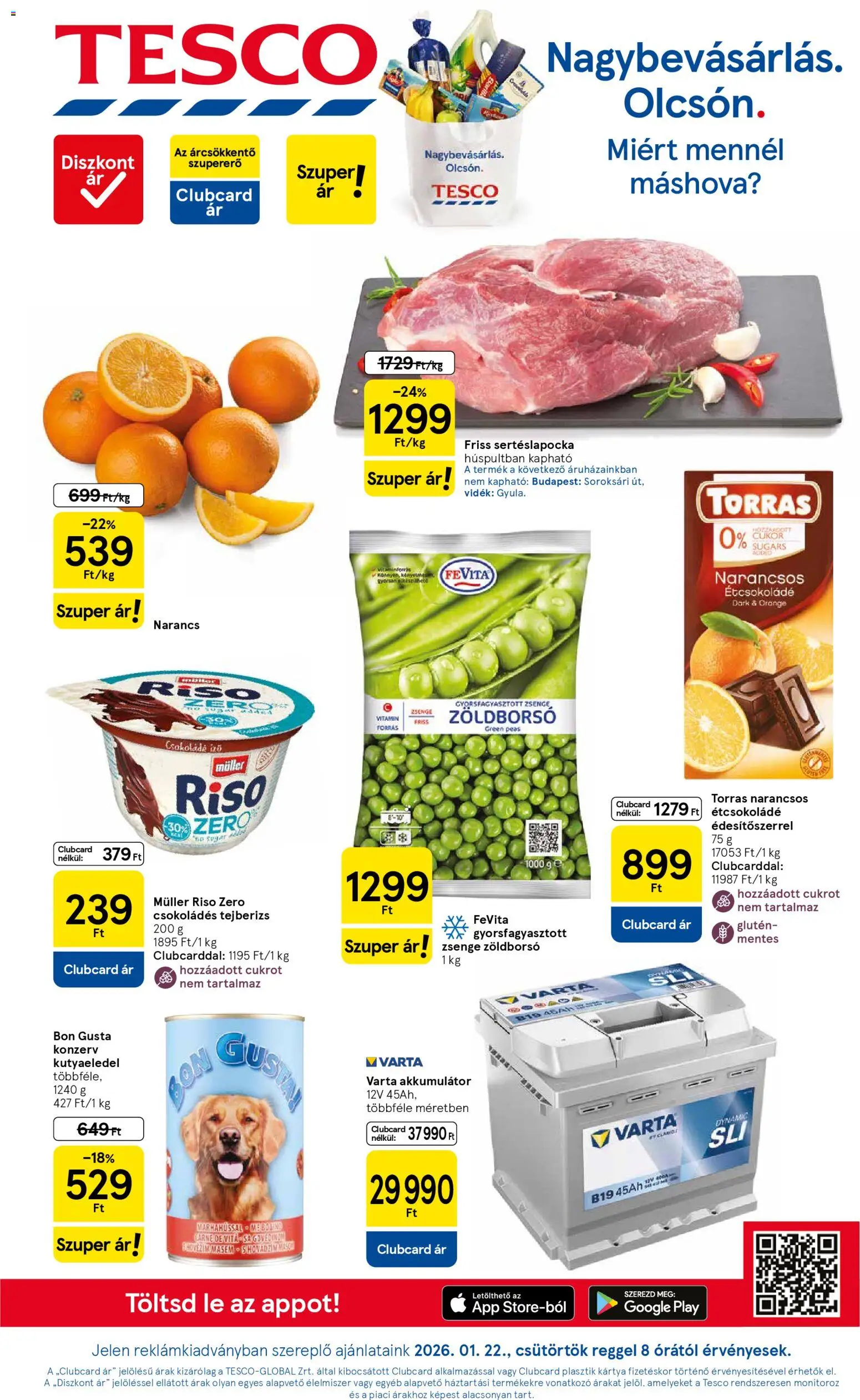 Tesco akciós ujság - amely érvényes a következő dátumtól: 22.01.2026 | Oldal: 1 | Termékek: Tejberizs, Kutyaeledel, Étcsokoládé, Cukor