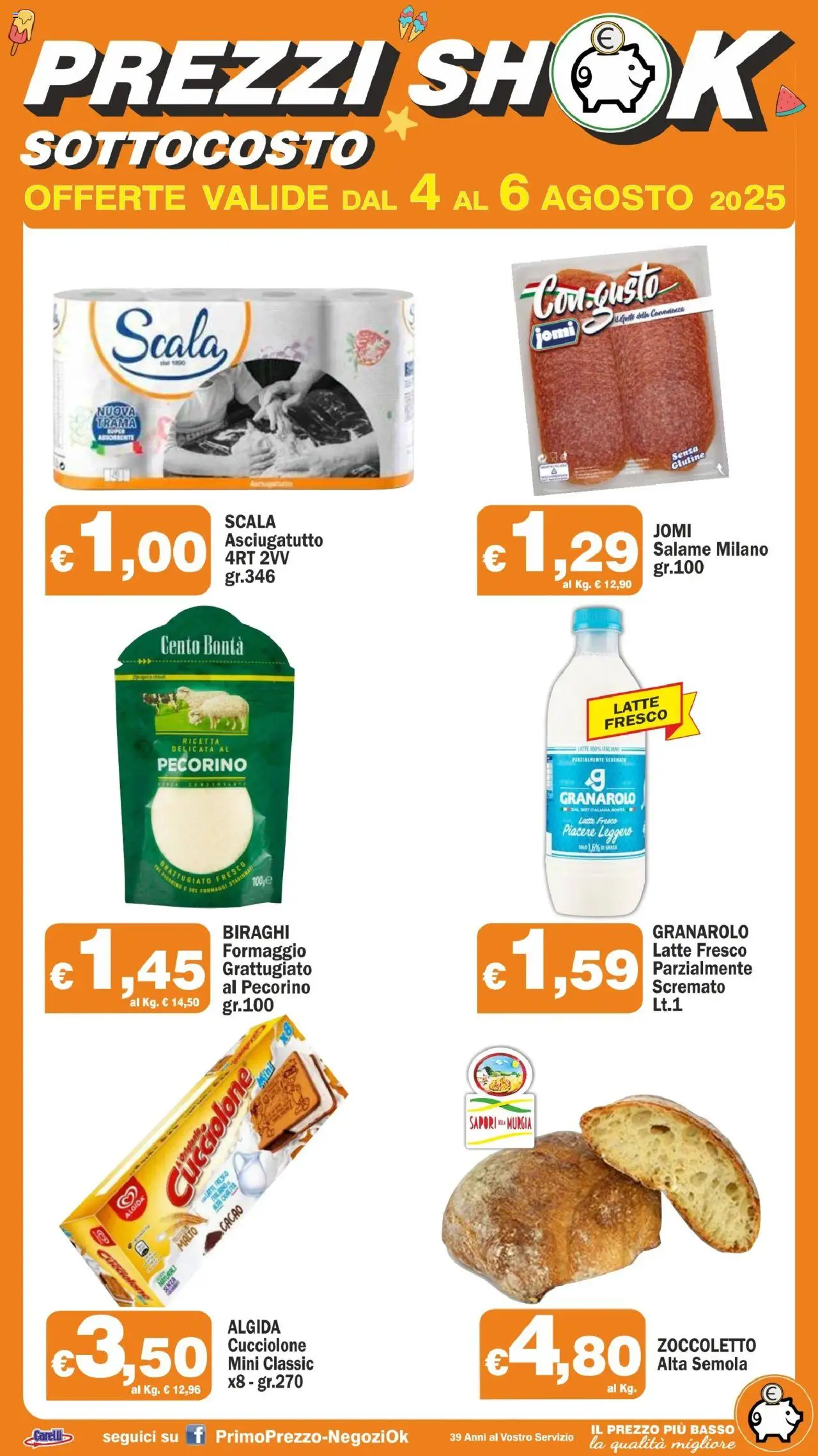 Volantino Primo Prezzo del 04.08.2025 | Pagina: 1 | Prodotti: Salame, Latte, Cacao, Asciugatutto