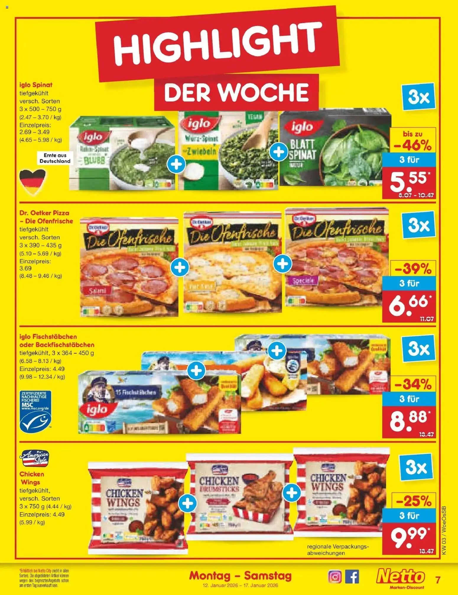 Netto Marken-Discount prospekt Gemmingen	 – gültig ab 12.01.2026 | Seite: 7 | Produkte: Iglo, Ofenfrische, Fischstabchen, Pizza