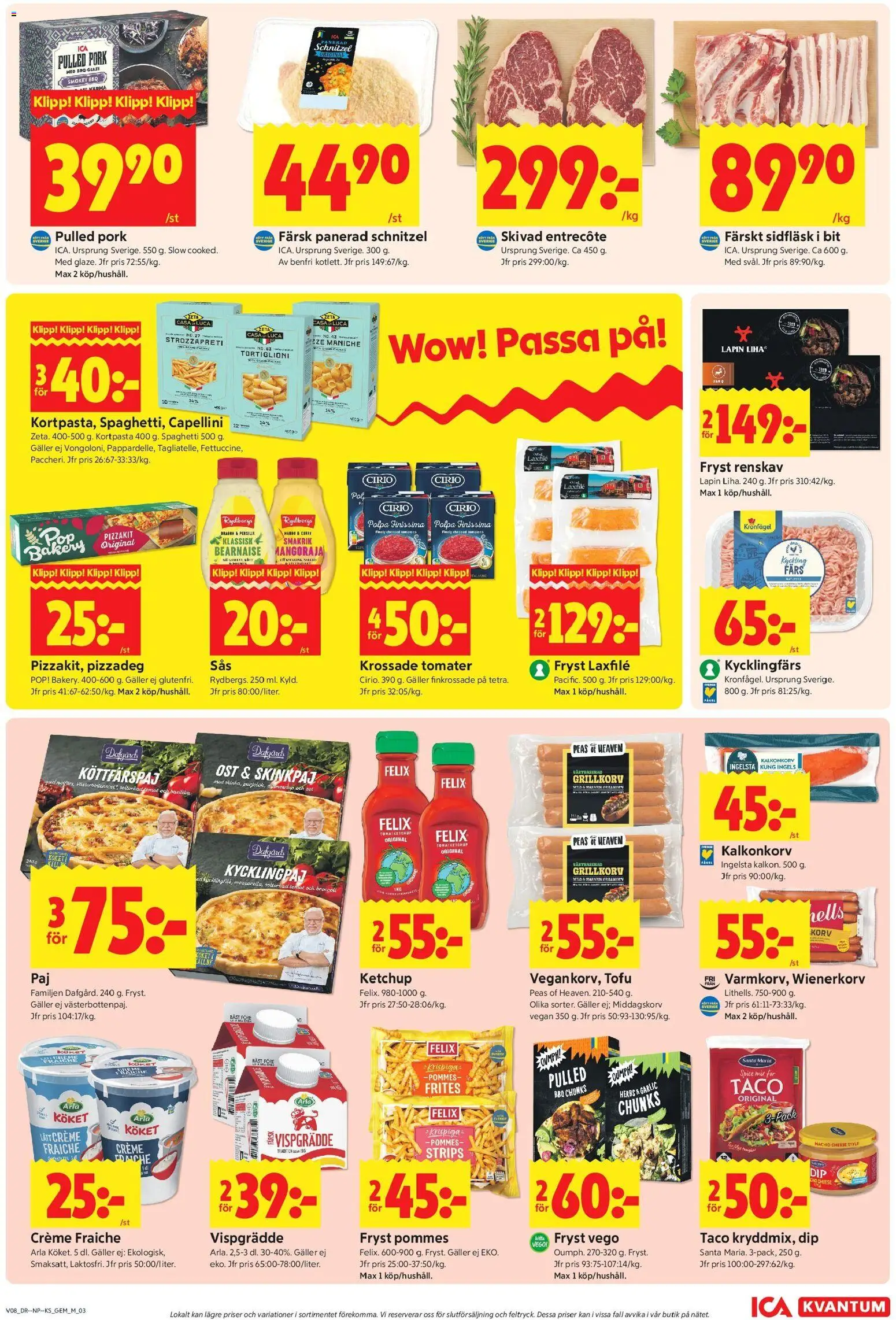 ICA Kvantum reklamblad aktuell från 16.02.2026 | Sida: 3 | Produkter: Krossade tomater, Spaghetti, Pizzakit, Broccoli