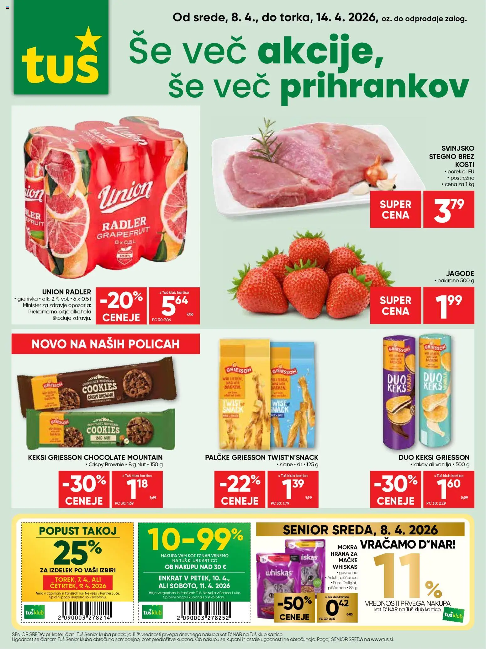 Novi Tuš katalog ponudbe – veljaven od 08.04.2026 | Stran: 1 | Izdelki: Keksi, Kakav, Jagode, Grenivka