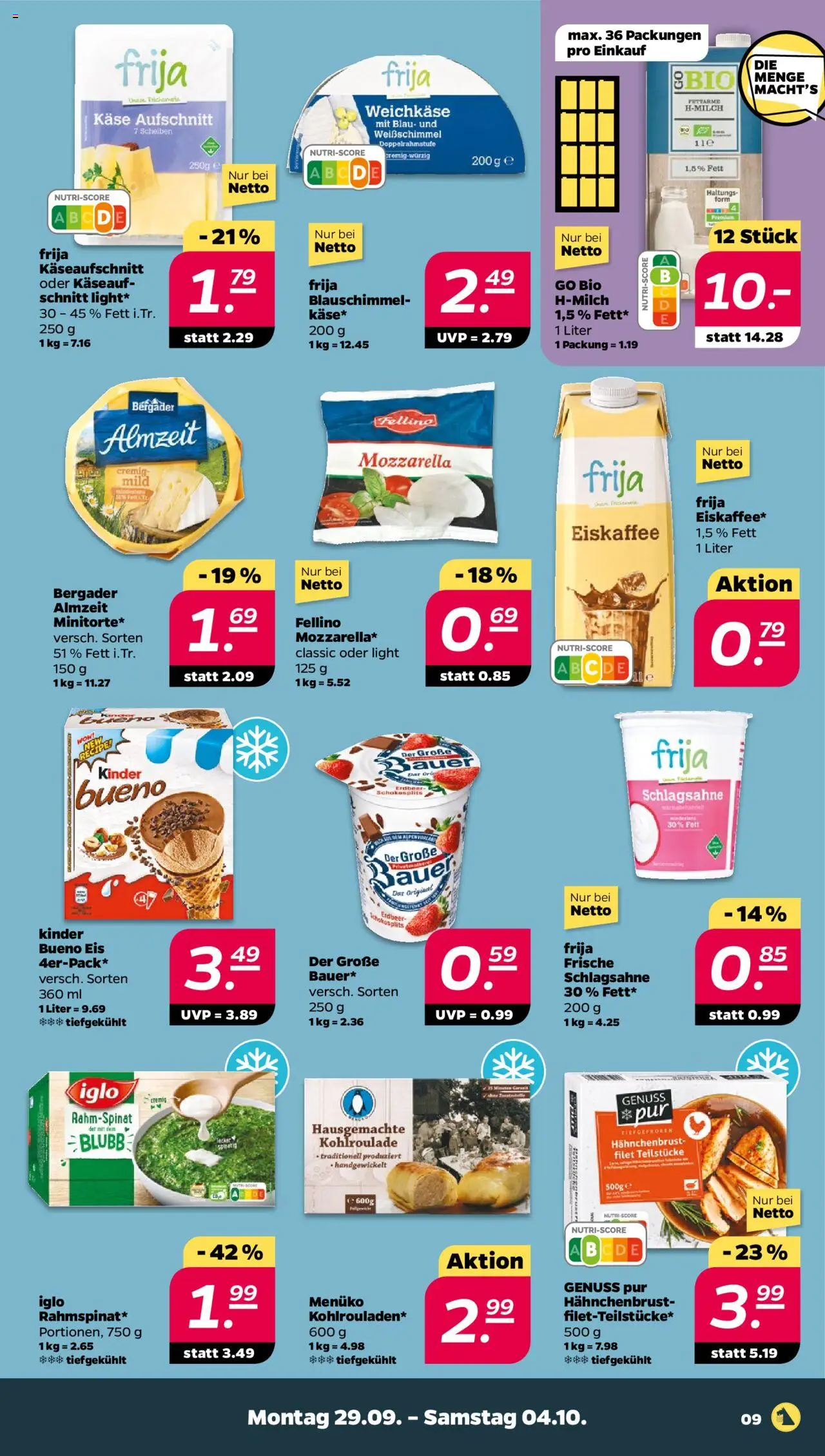 Netto Prospekt 	 – gültig ab 29.09.2025 | Seite: 9 | Produkte: Mozzarella, Kinder bueno, Eis, Hahnchenbrust