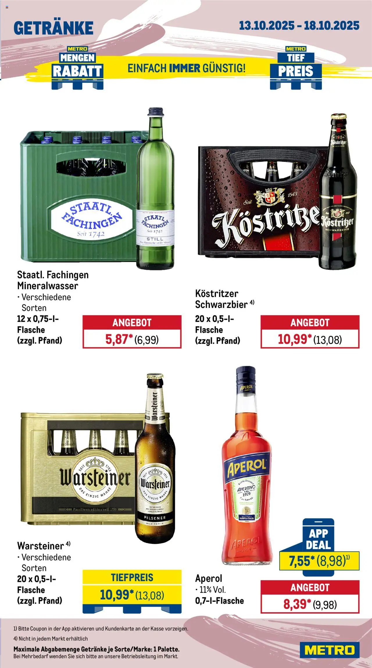 Metro Prospekt 	 – gültig ab 13.10.2025 | Seite: 15 | Produkte: Kostritzer, Mineralwasser, Warsteiner, Aperol