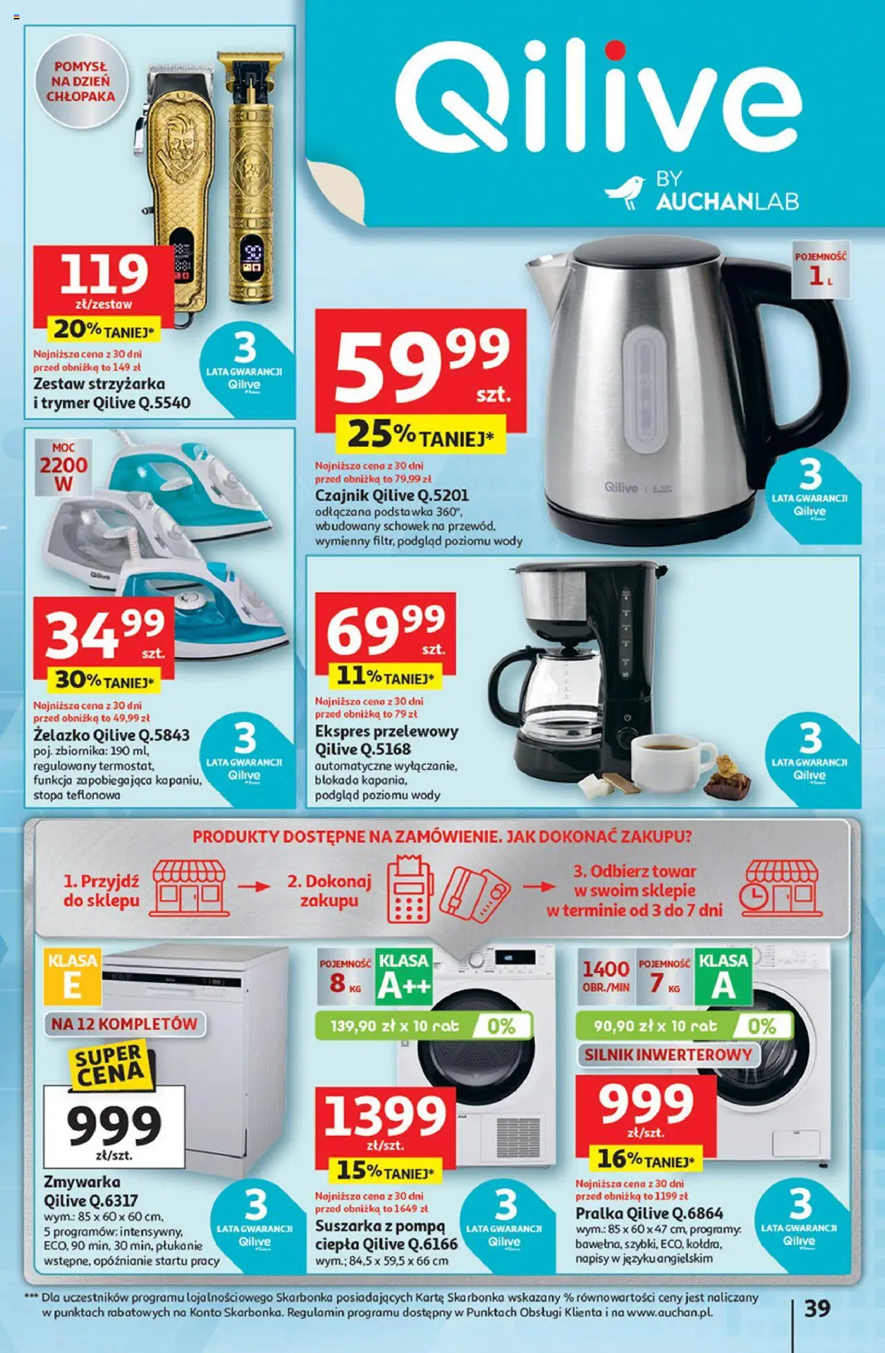 Auchan Gazetka - Pewność niskich cen Hipermarket od 18.09.2025 | Strona: 39 | Produkty: Pralka, Suszarka, Zmywarka, Czajnik