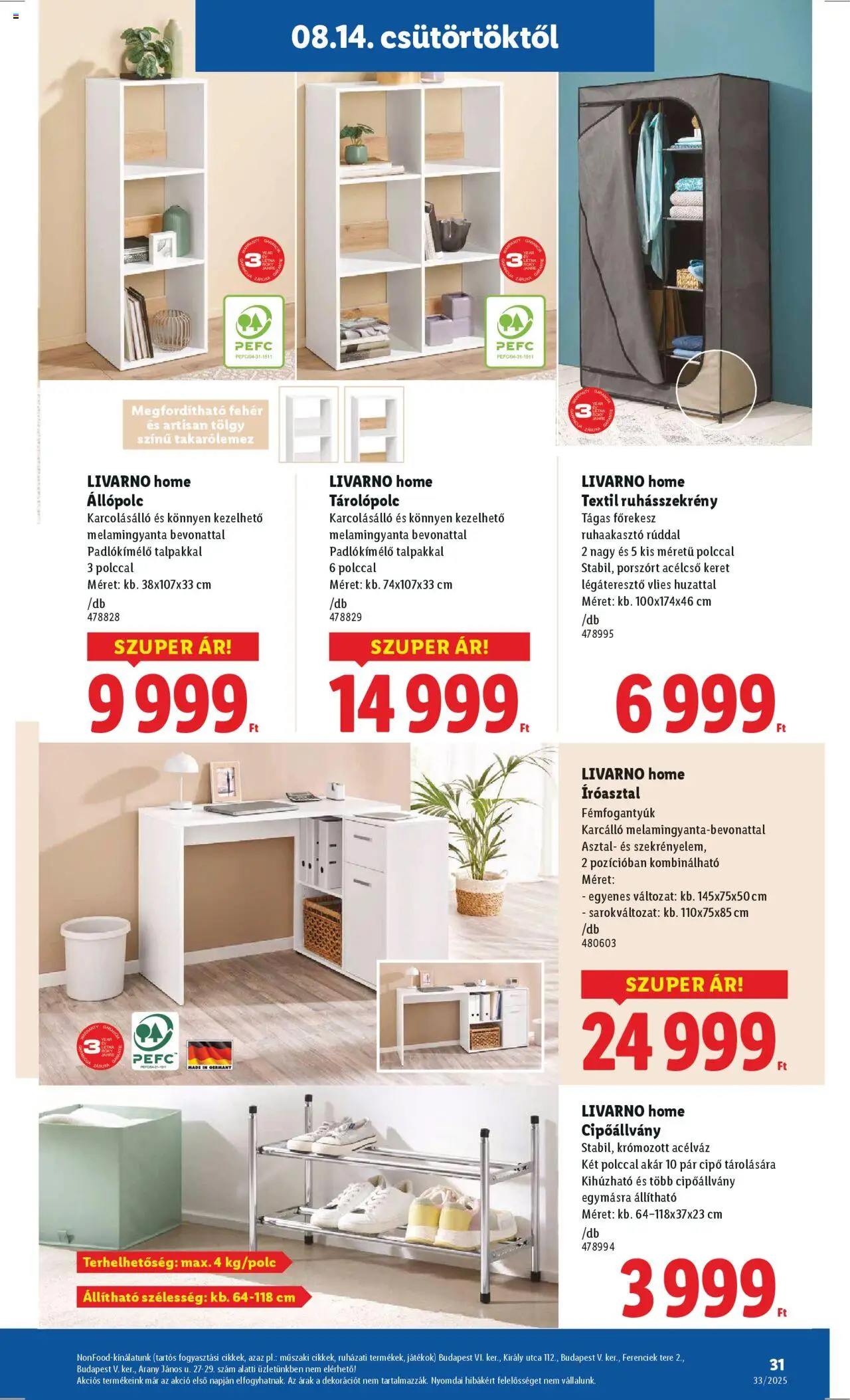 Lidl akciós ujság - amely érvényes a következő dátumtól: 14.08.2025 | Oldal: 31 | Termékek: Ruhásszekrény, Asztal, Állópolc, Íróasztal